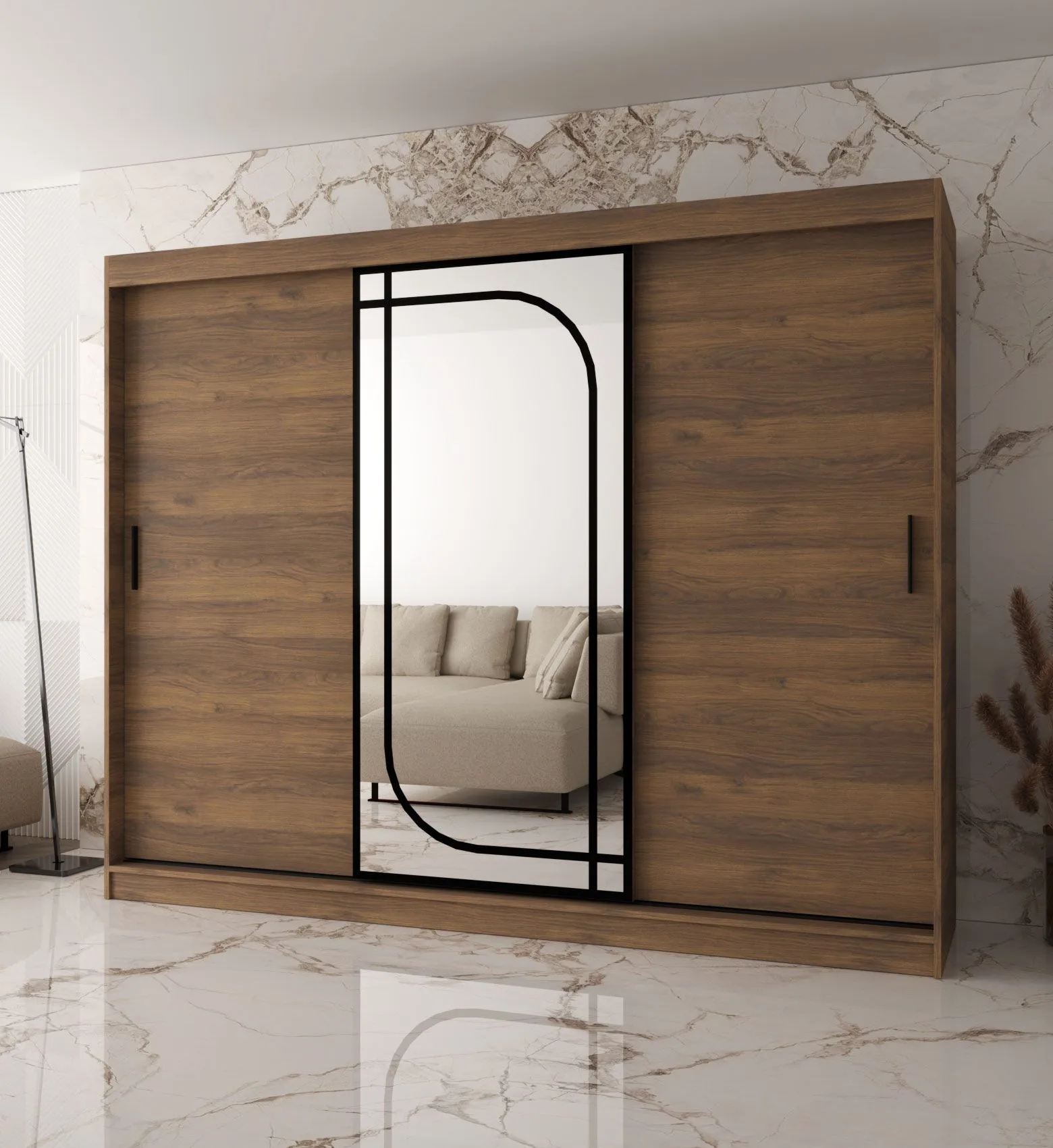 Kleiderschrank | Farbe: Walnuss Warmia | 3-Türig | 10 Fächer | 250 x 62 x 200 cm | dekorativer Spiegel | 2 Kleiderstangen | Schiebetürenschrank