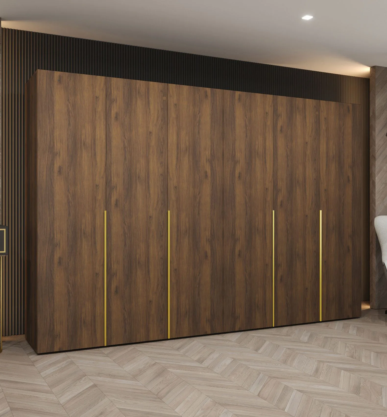 Kleiderschrank mit vier Kleiderstangen | Farbe: Walnuss | 3 Meter breit | vier Fächer | vier Türen | Soft-Close-Funktion | Griffe: Gold