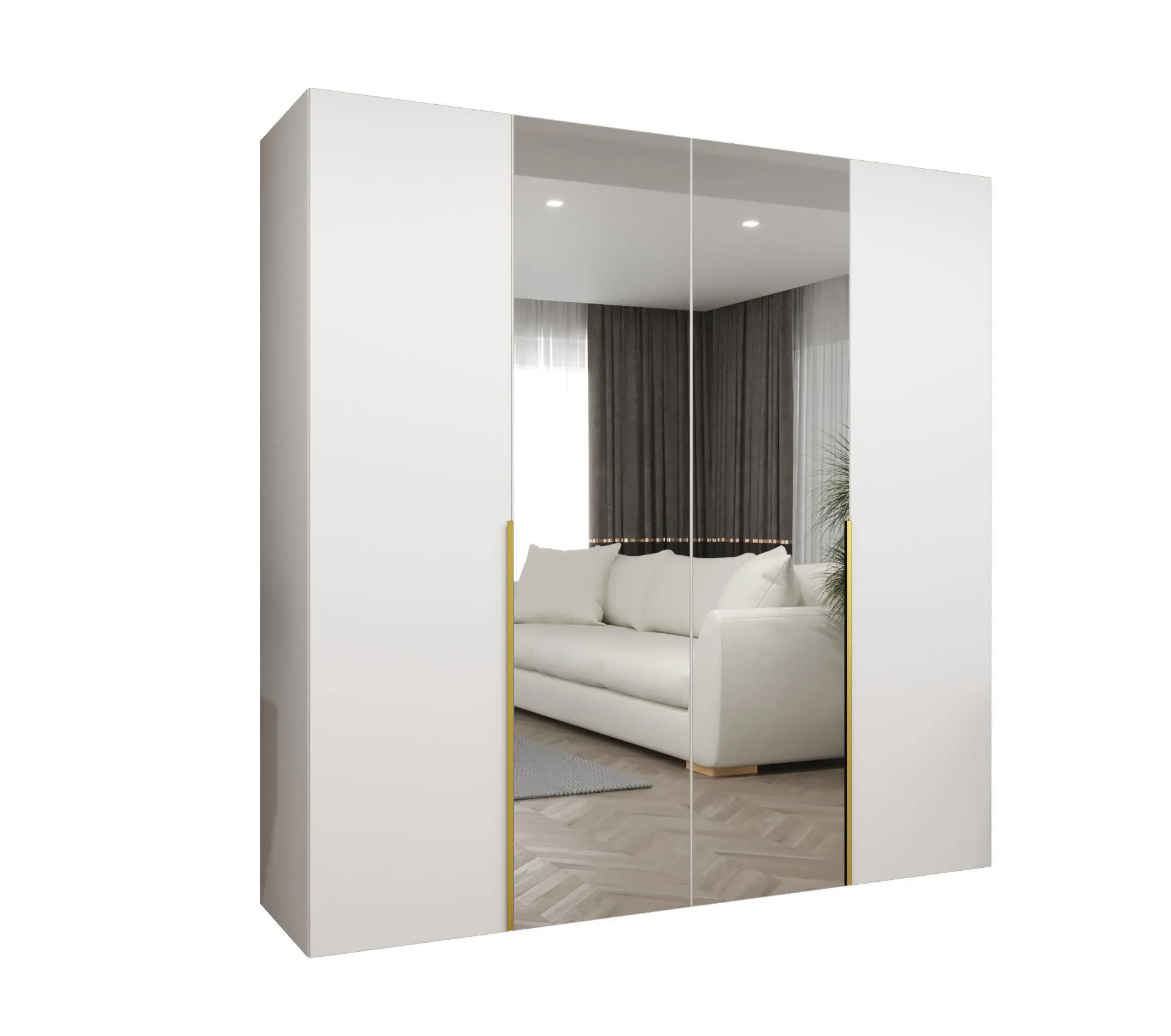 Drehtürenschrank / Kleiderschrank 2 Meter breit Eiger 82, Farbe: Weiß, zwei Spiegeltüren, zwei Kleiderstangen, Griffe: Gold, Soft-Close-Funktion, zwei Fächer