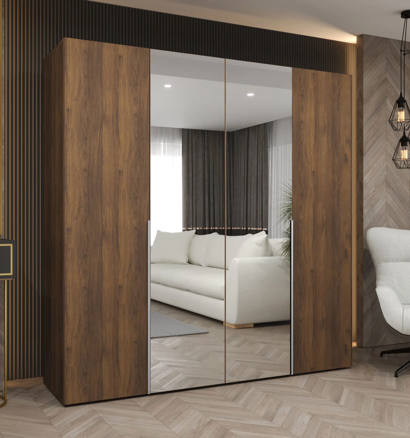 Kleiderschrank / Drehtürenschrank mit zwei Kleiderstangen | Farbe: Walnuss | 2 Meter breit | zwei Fächer | Griffe: Silber