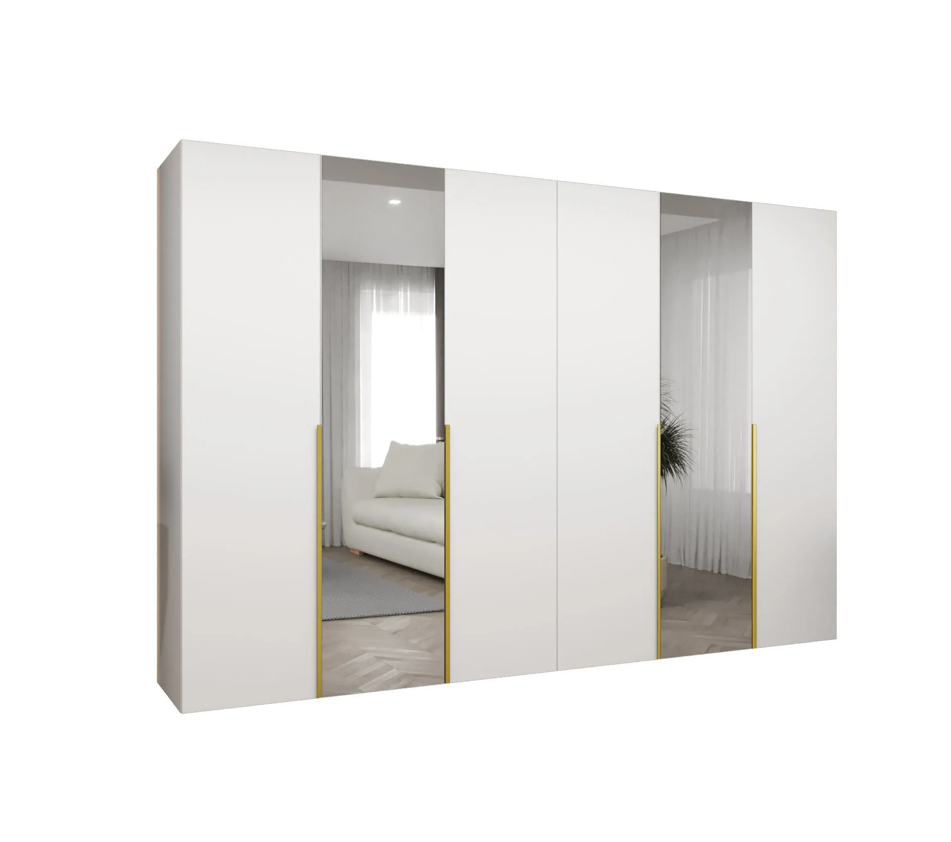 Drehtürenschrank / Kleiderschrank 3 Meter breit Eiger 104, Farbe: Weiß, zwei Spiegeltüren, vier Kleiderstangen, Griffe: Gold, Soft-Close-Funktion, vier Fächer