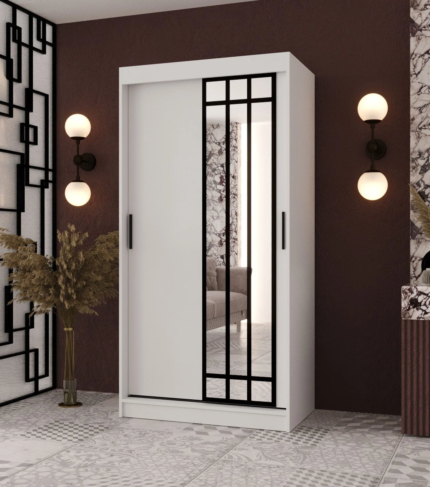 Schiebetürenschrank / Kleiderschrank | Weiß Matt | 100 x 62 x 200 cm | schmal | 1 Spiegeltür | moderne Details | 2 Kleiderstangen