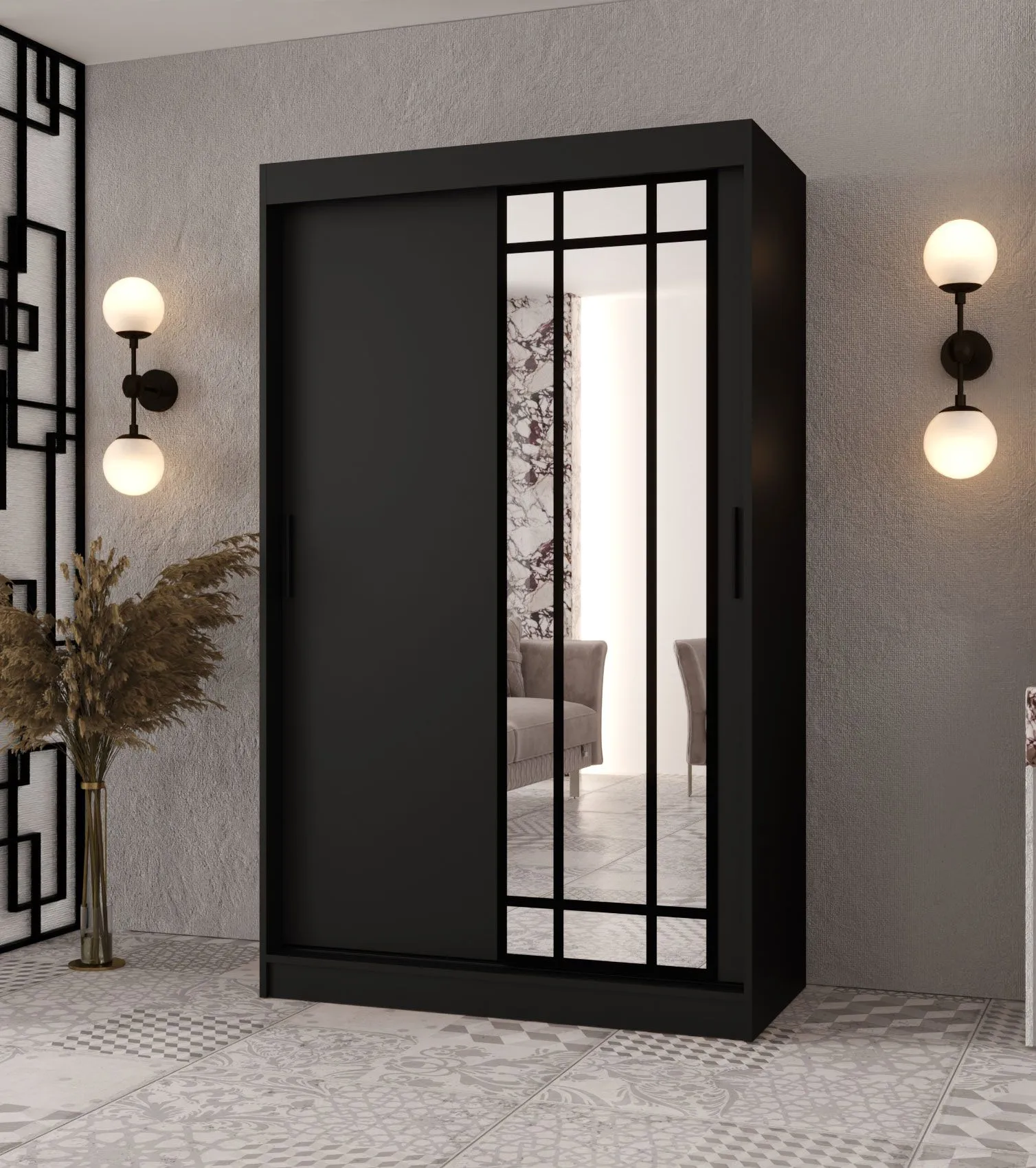 Kleiderschrank | Schwarz Matt | 1 Spiegeltür | 120 x 62 x 200 cm | 2 Kleiderstangen | Moderne Details | 5 Fächer