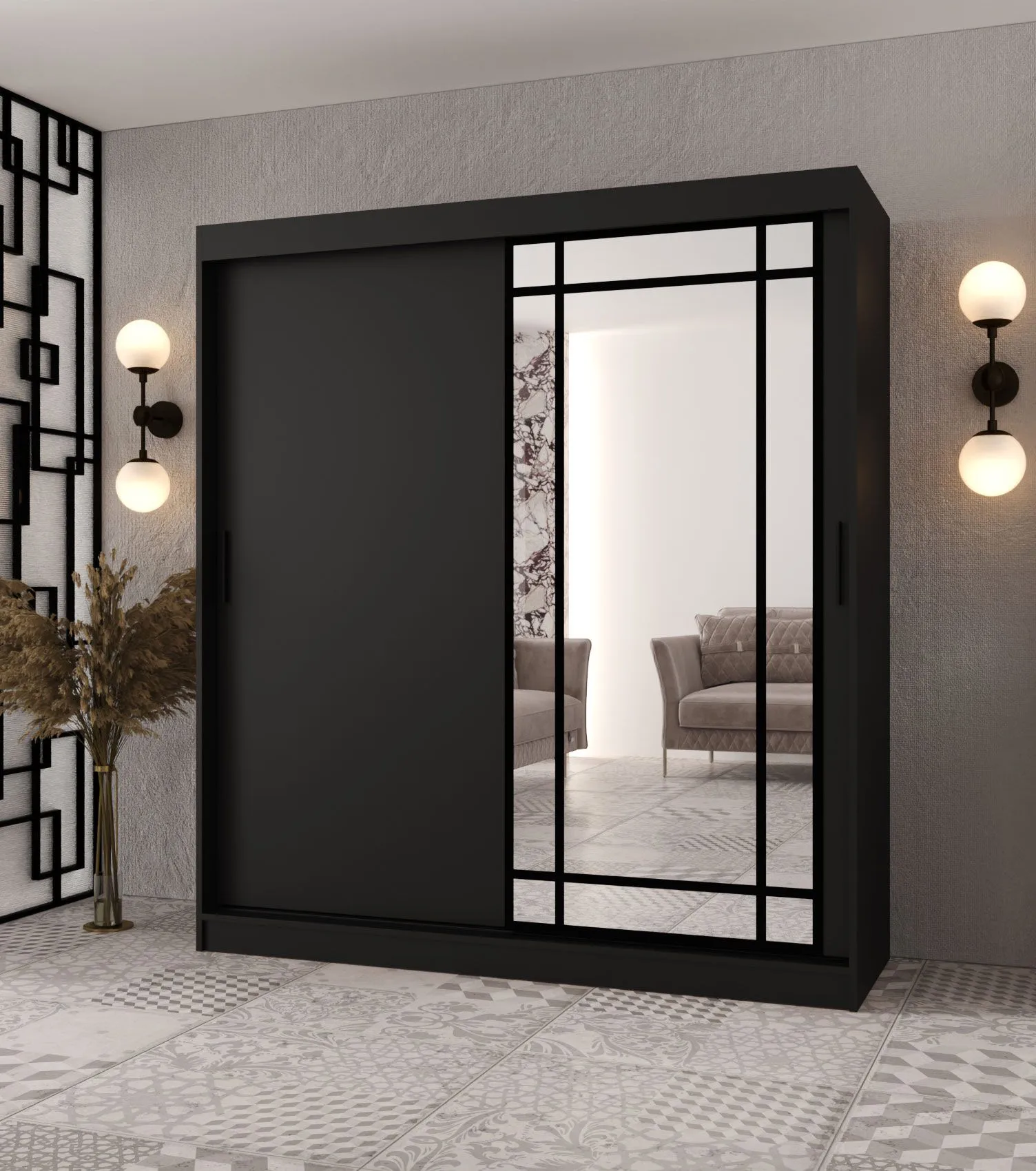 Kleiderschrank / Schiebetürenschrank | Schwarz Matt | dekorative Spiegeltür | 180 x 62 x 200 | 10 Fächer | 2 Kleiderstangen