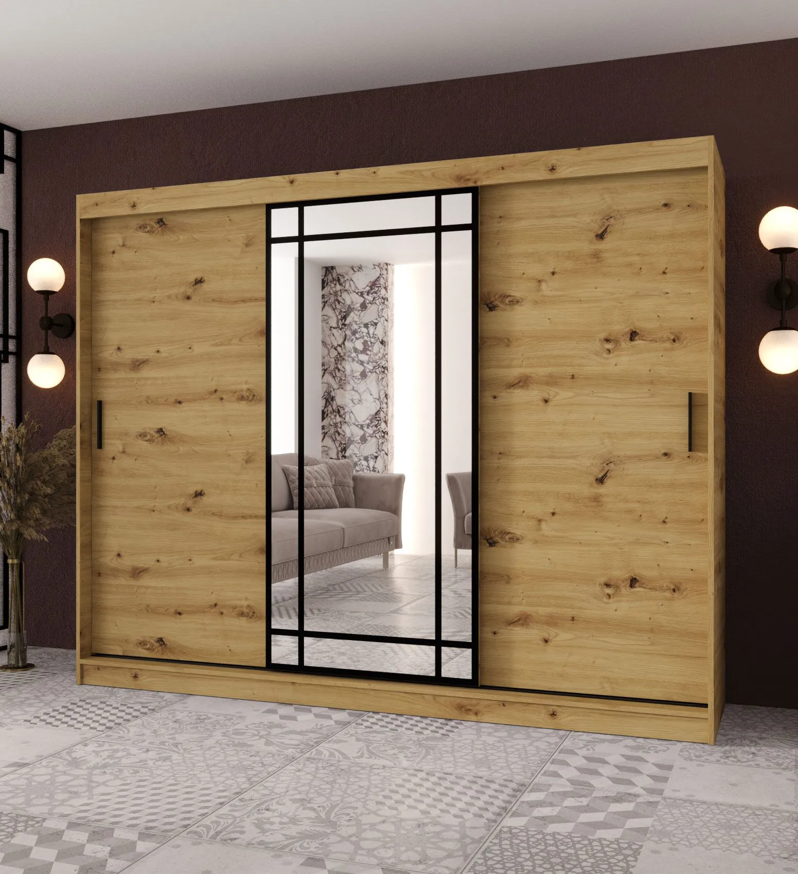 Schiebetürenschrank | dekorative Spiegeltür | Farbe: Weiß Matt | 2 Kleiderstangen | Kleiderschrank | 10 Fächer | 250 x 62 x 200 cm