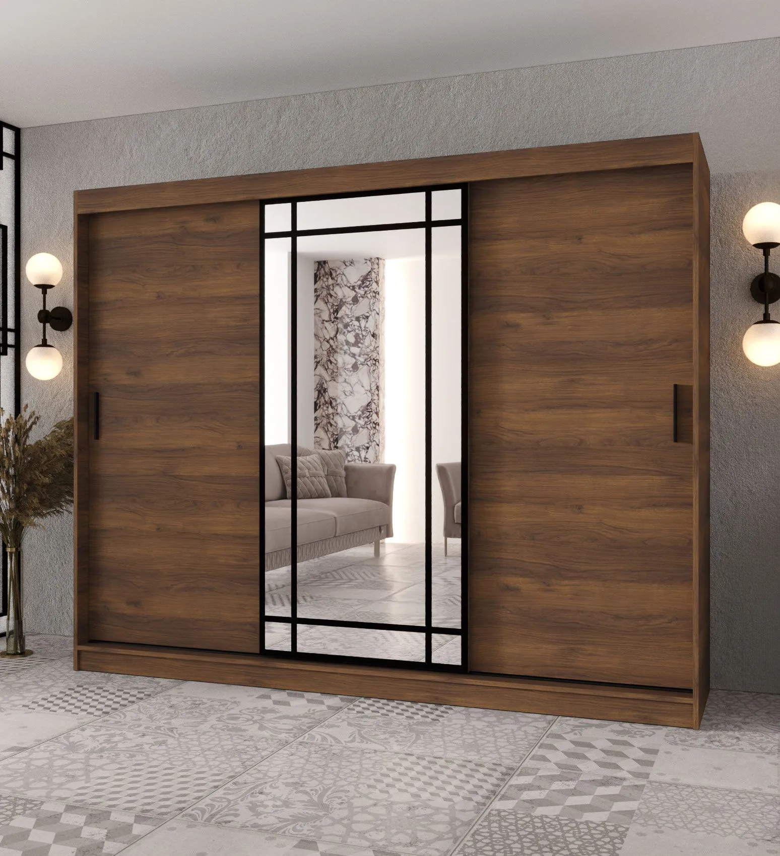 Schiebetürenschrank | dekorative Spiegeltür | Farbe: Walnuss Warmia | 2 Kleiderstangen | Kleiderschrank | 10 Fächer | 250 x 62 x 200 cm