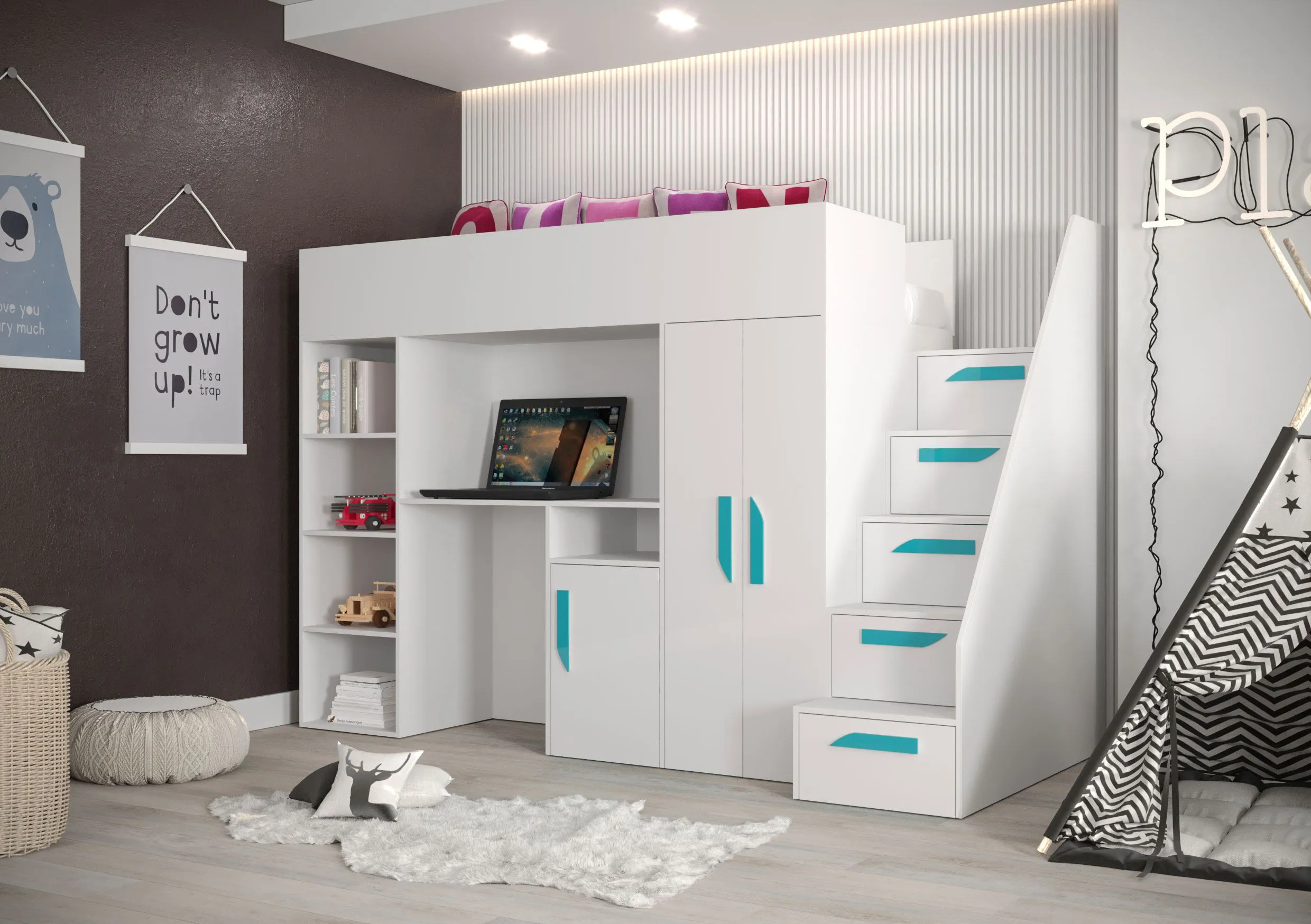 Hochbett / Kinderbett / Funktionsbett-Kombination mit Schreibtisch, Treppe und viel Stauraum Jura 21, Farbe: Weiß / Türkis