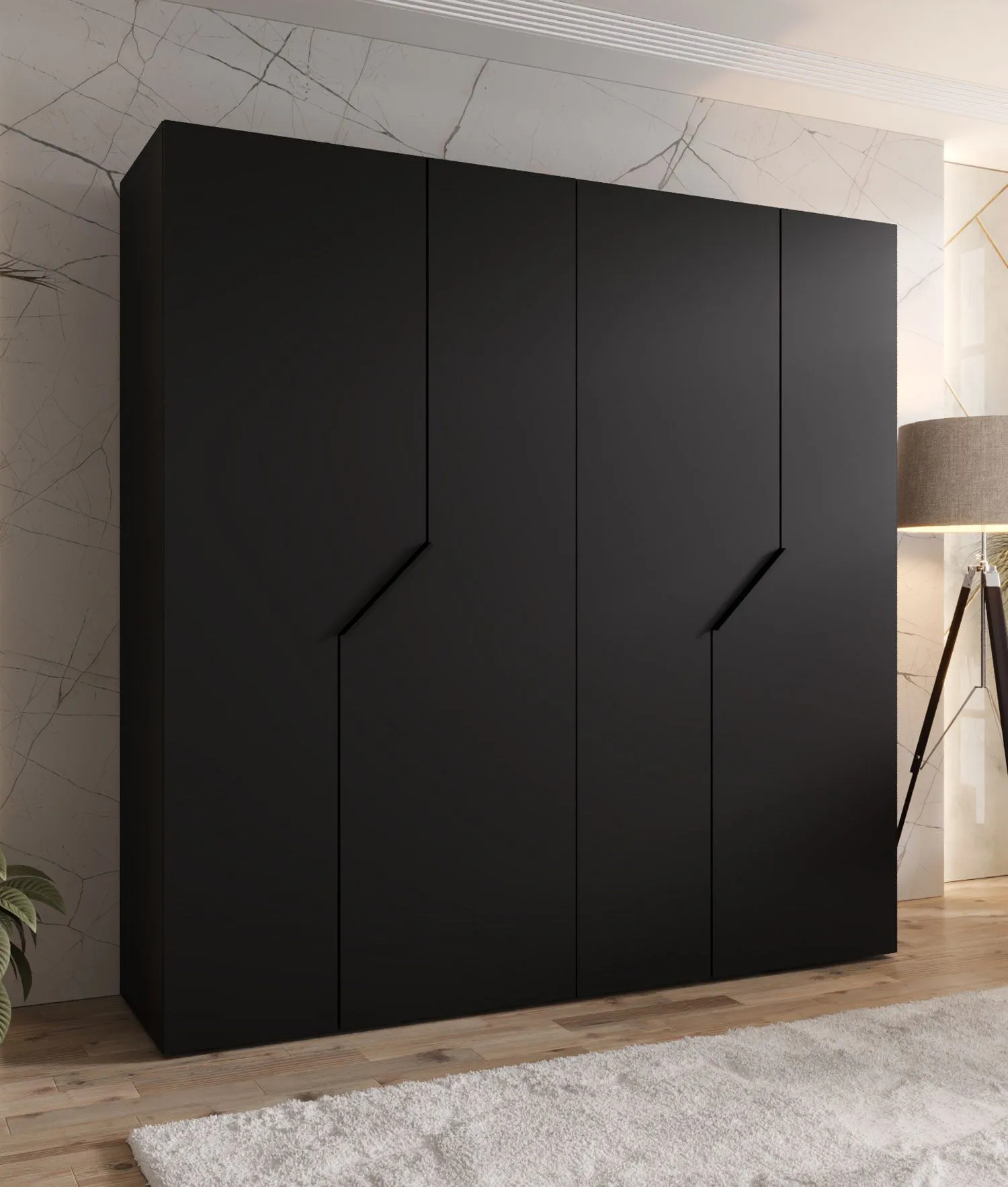 Kleiderschrank | 4-Türig | Farbe: Schwarz | 2 Fächer | 2 Kleiderstangen | Griffe: Schwarz | Soft-Close-Funktion | Maße: 200 x 52 x 202 cm