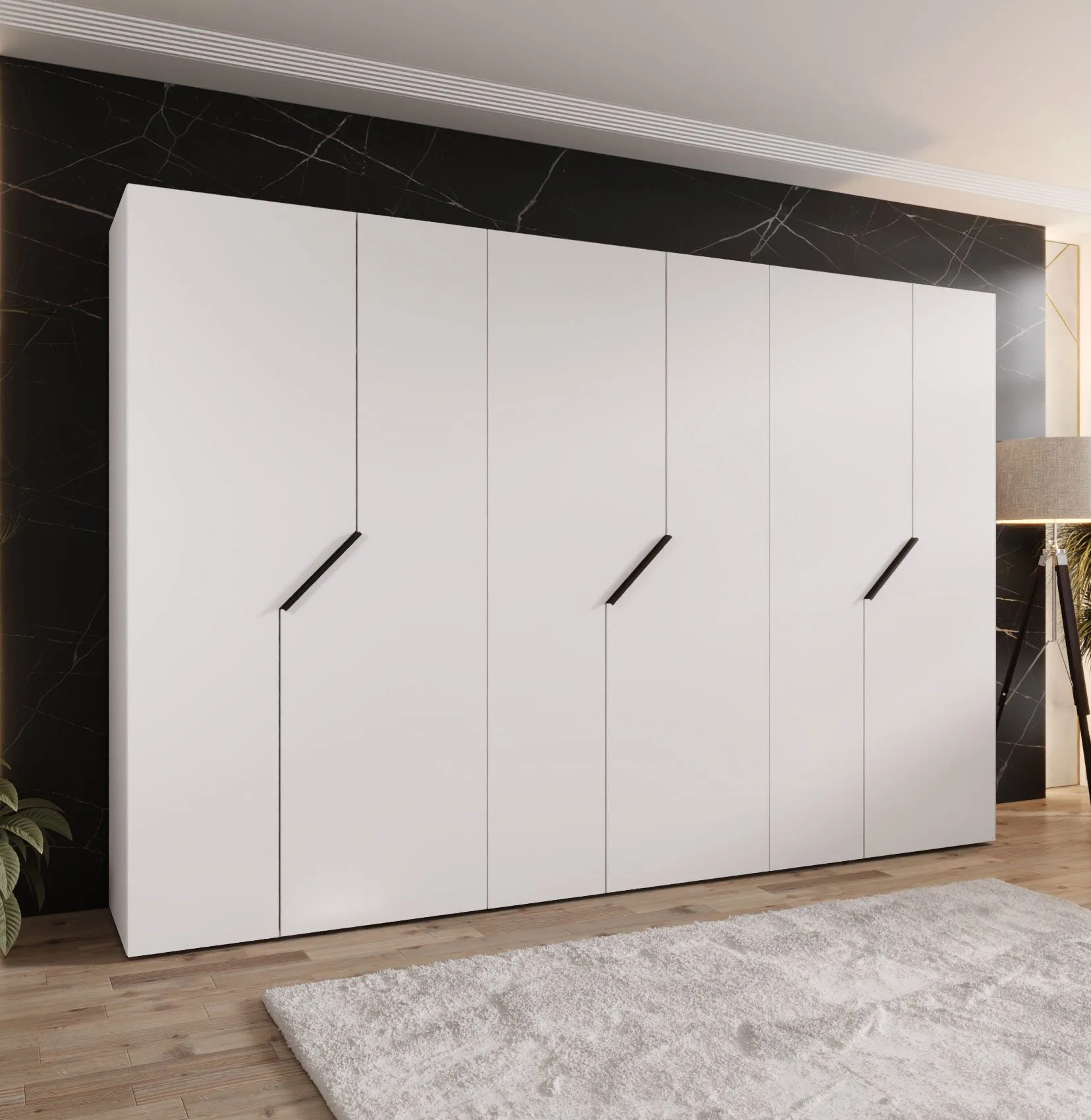 Drehtürenschrank | Farbe: Weiß | 6 Türen | 3 Kleiderstangen | ABS-Kanten | Griffe: Schwarz | Maße: 300 x 52 x 202 cm | Soft-Close-Funktion