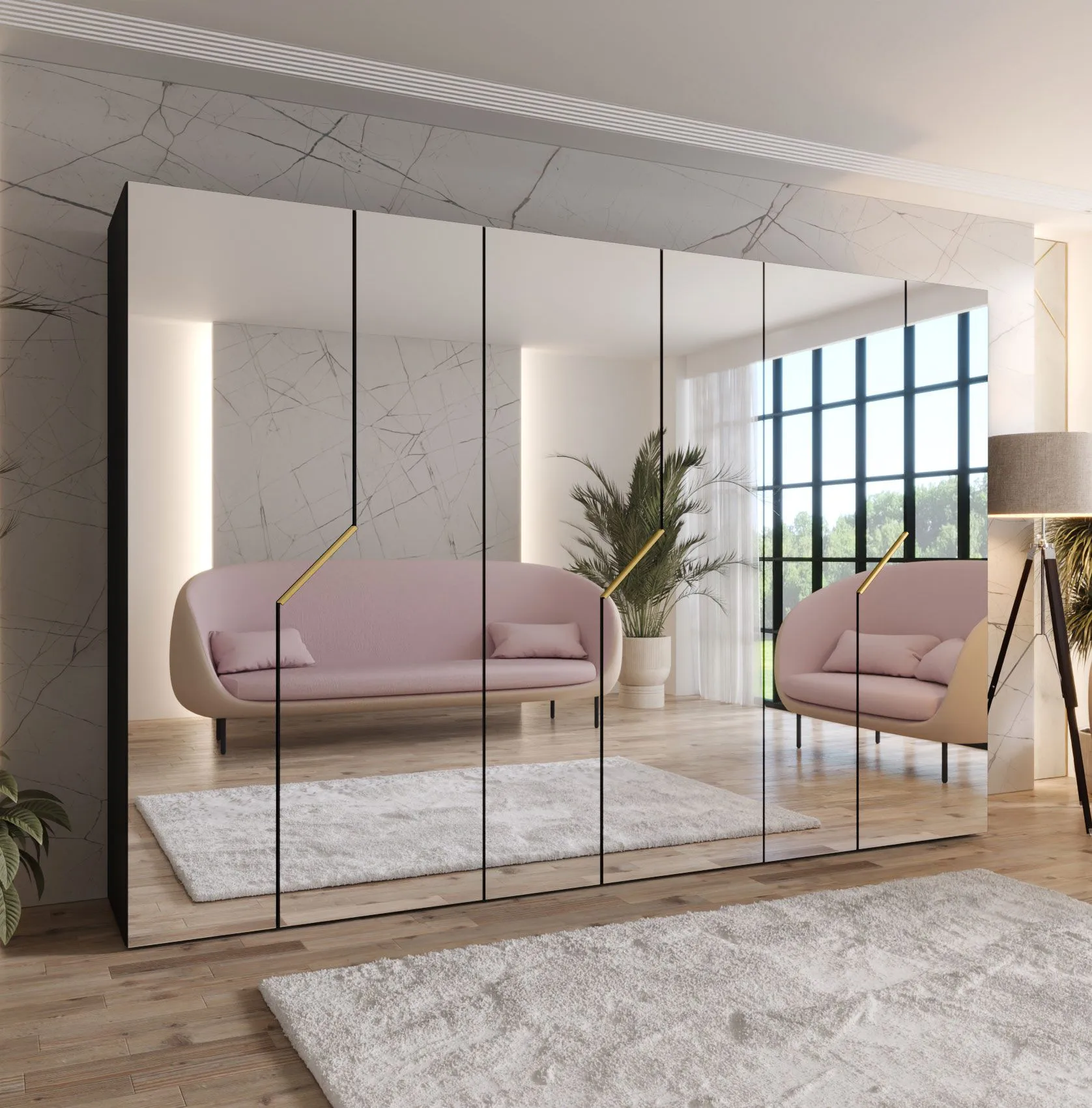 Drehtürenschrank | Farbe: Schwarz | Soft-Close-Funktion | Griffe: Gold | 3 Fächer | 3 Kleiderstangen | Maße: 300 x 52 x 202 cm | ABS