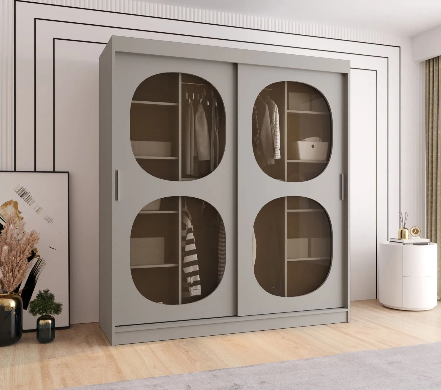 Kleiderschrank Ortler 04, 10 Fächer, Farbe: Kaschmir, Schiebetüren mit Rauchglas, 1,8 Meter breit, aus hochwertigen Materialien, zwei Kleiderstangen