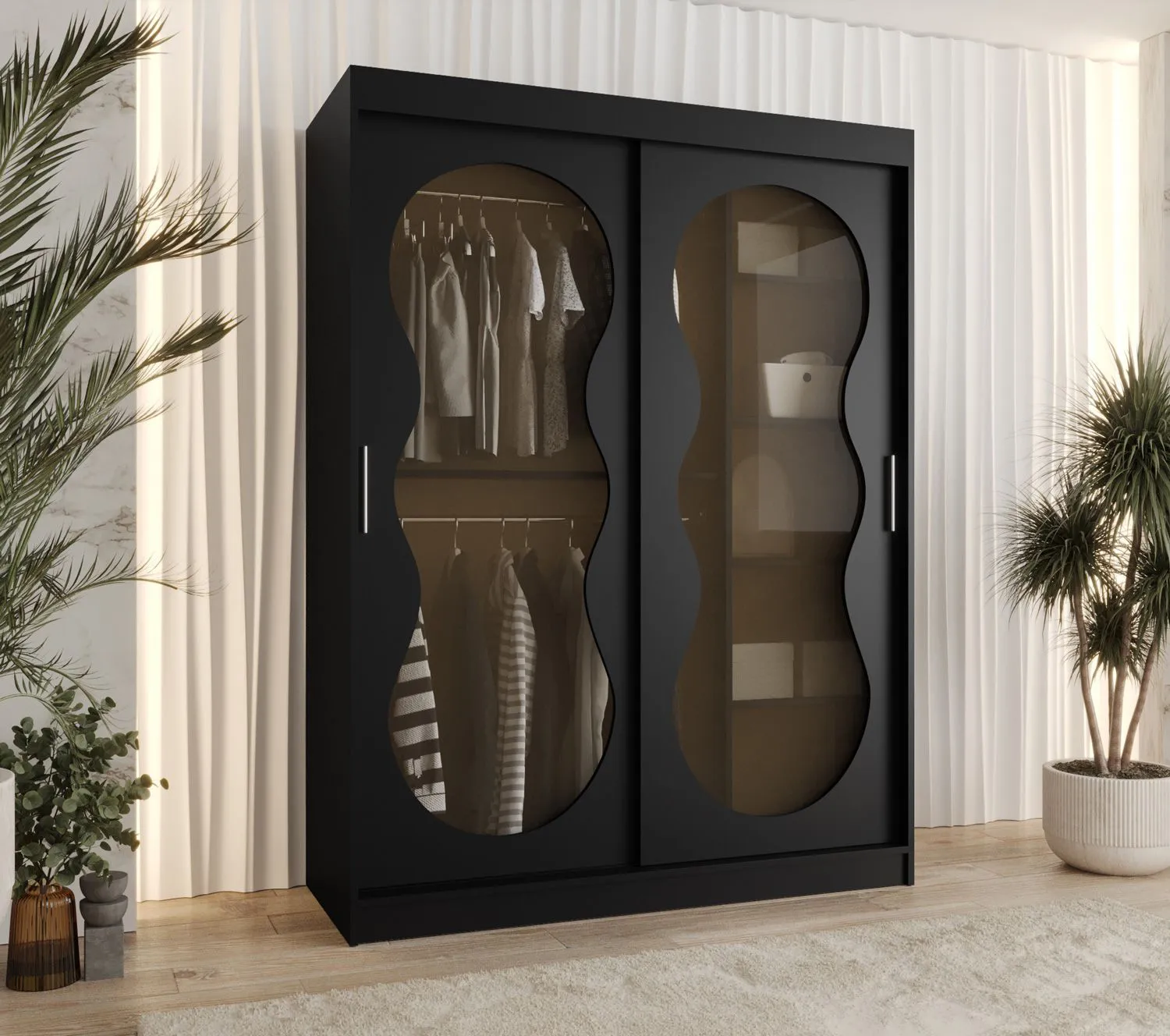Schiebetürenschrank / Kleiderschrank Ortler 09, Farbe: Schwarz, 1,5 Meter breit, fünf Fächer, Türen mit Glas, zwei Kleiderstangen, für Schlafzimmer