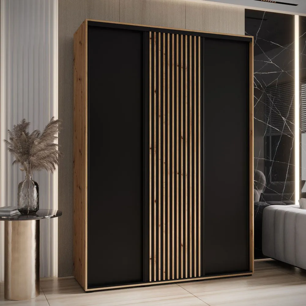 Kleiderschrank Mina mit Schiebetüren in Eiche/Schwarz gehalten, moderne Optik, viel Stauraum, Lamellen in Eiche, Anti Staubbürsten, 235,2 x 180 x 60 