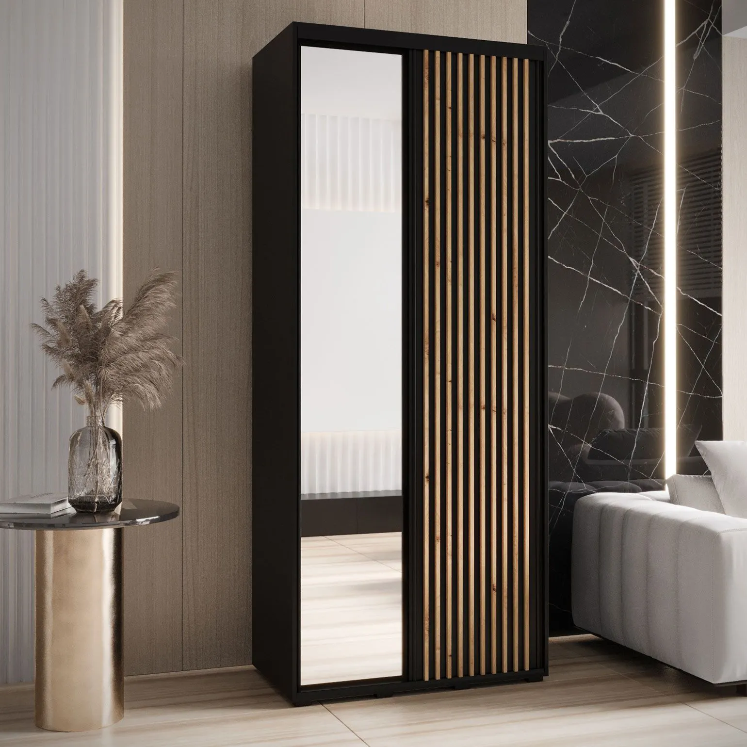 Schwarzer Schrank mit Spiegeltüre Mina, Schwarzer Metallgriff, viel Stauraum, platzsparend, auch für Wohnzimmer geeignet, 235,2 x 120 x 60 cm