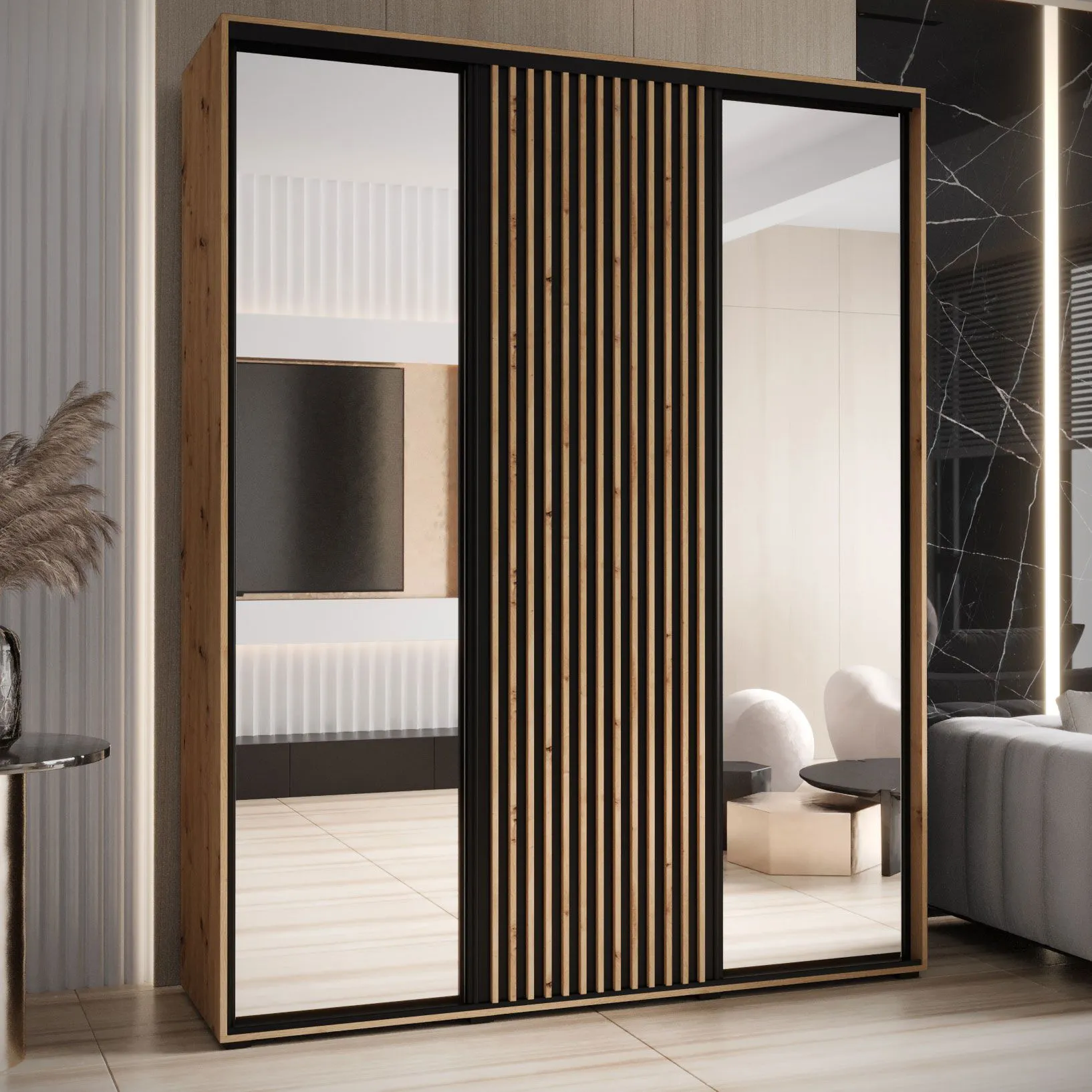 Kleiderschrank Mina mit Schiebetüren und Spiegeln in Eiche/Schwarz, viel Stauraum, auch für Wohnzimmer geeignet, Anti Staubbürsten, 235,2 x 190 x 60