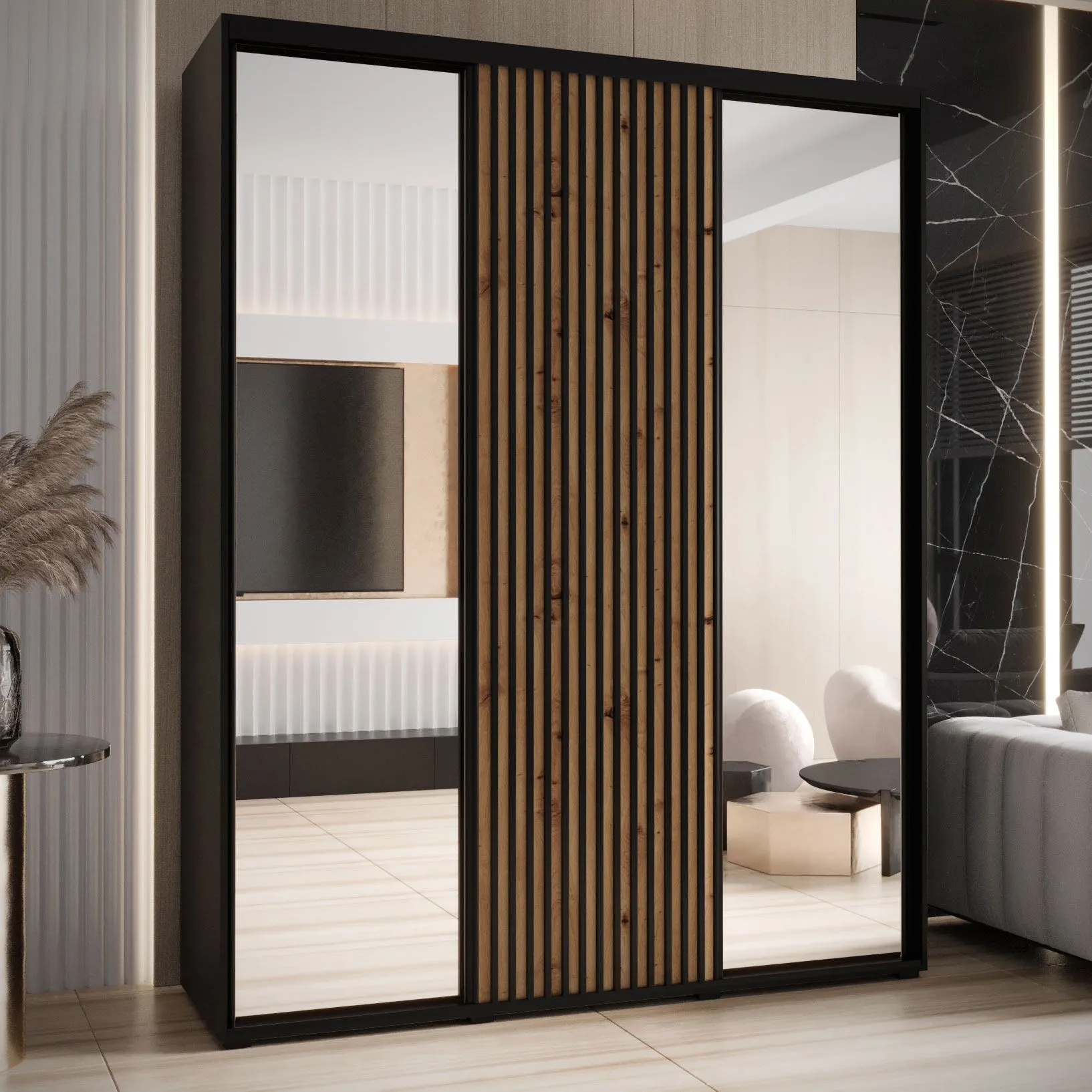 Einfacher Schiebetürenschrank mit Spiegeln Mina in Schwarz/Eiche, inklusive Anti Staubbürsten, schwarze Metallgriffe, viel Stauraum, 235,2 x 200 x 60