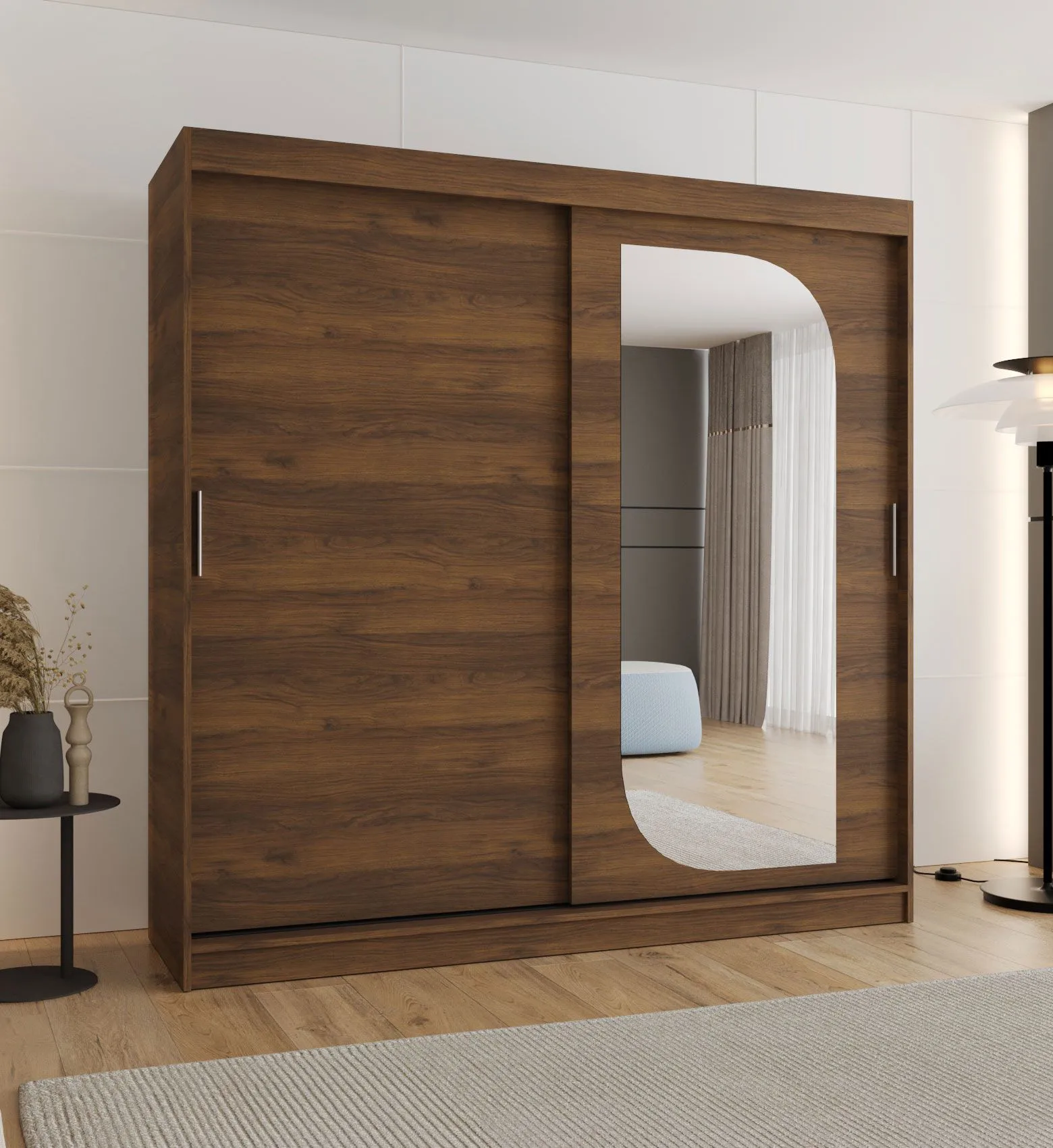 Kleiderschrank | 10 Fächer | Farbe: Walnuss | 2 Meter breit | eine Spiegeltür | zwei Kleiderstangen | PVC-Furnier | Schiebetürenschrank