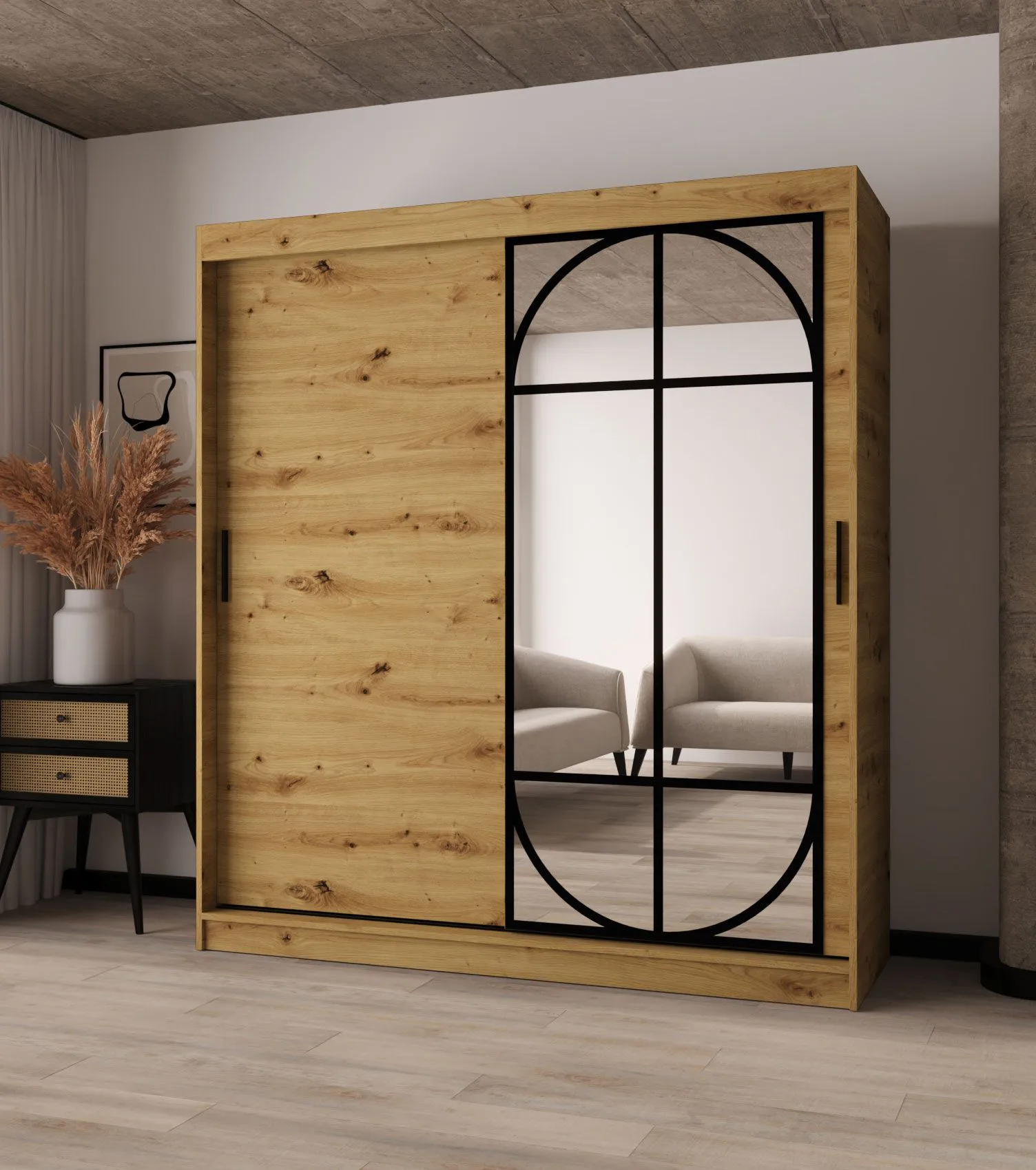 Schiebetürenschrank | Farbe: Eiche Artisan | Spiegeltür | Moderne Details | 180 x 62 x 200 cm | 10 Fächer | 2 Kleiderstangen