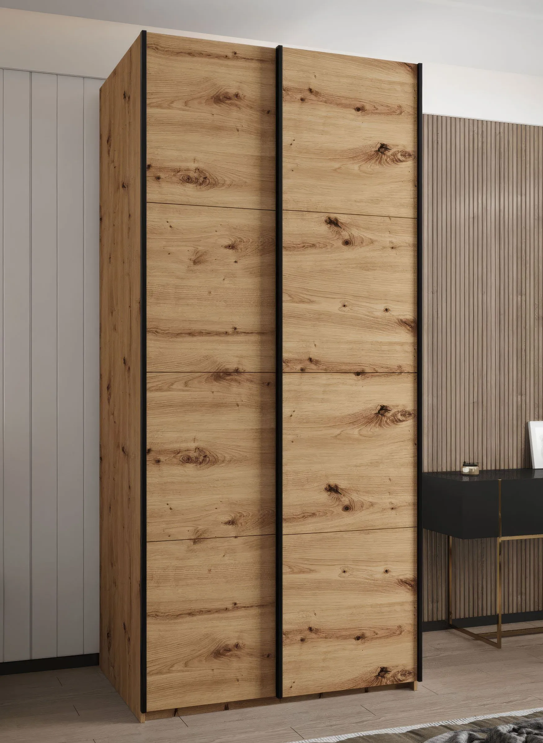 Kleiderschrank / Schiebetürenschrank | 2 Schiebetüren | 2 Kleiderstangen | 6 Fächer | Soft-Close | 245,5 x 100 x 64 cm