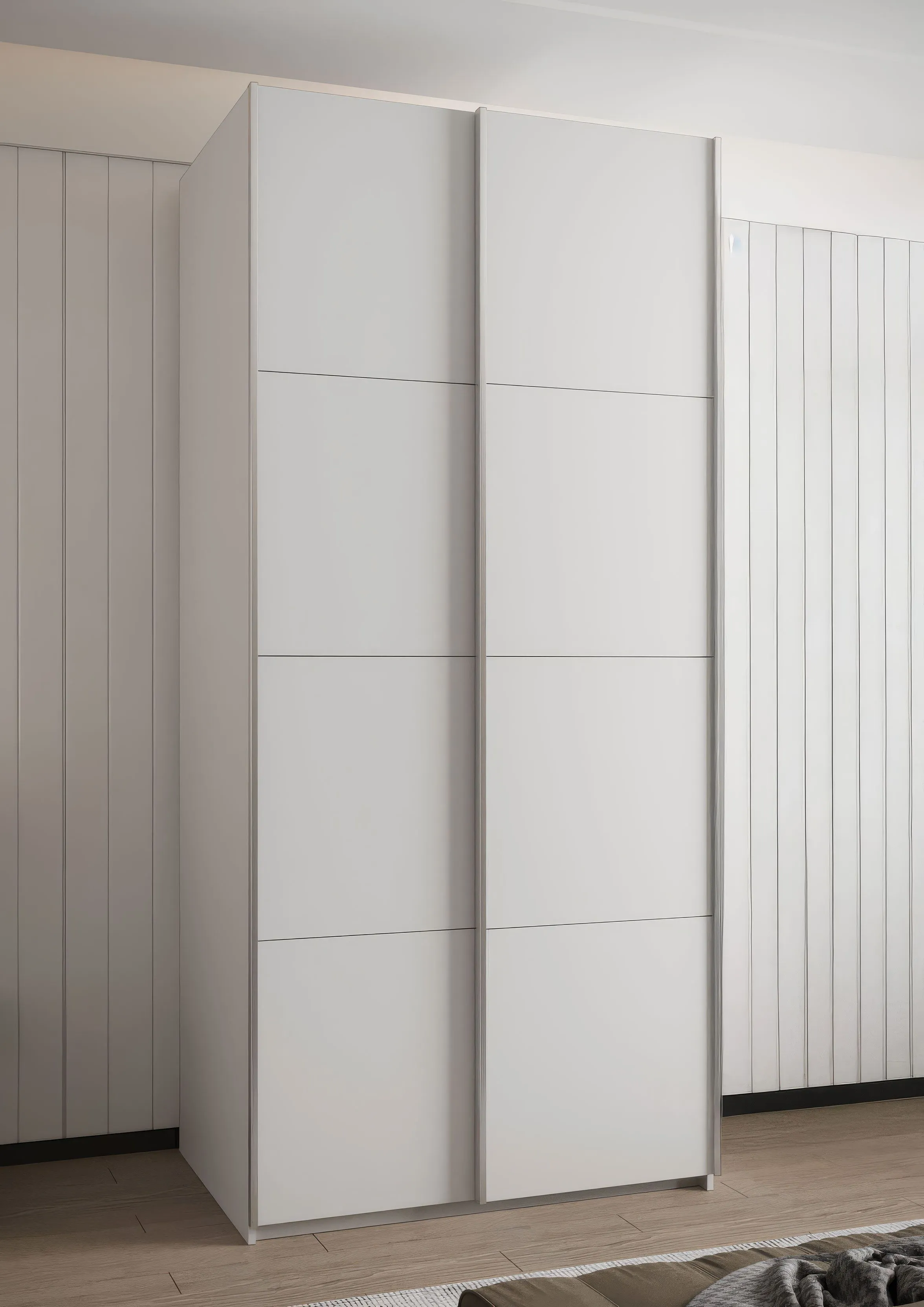 Kleiderschrank / Schiebetürenschrank | 245,5 x 120 x 64 cm | Soft-Close | 2 Kleiderstangen | 6 Fächer | 2 Schiebetüren | Farbe: Weiß