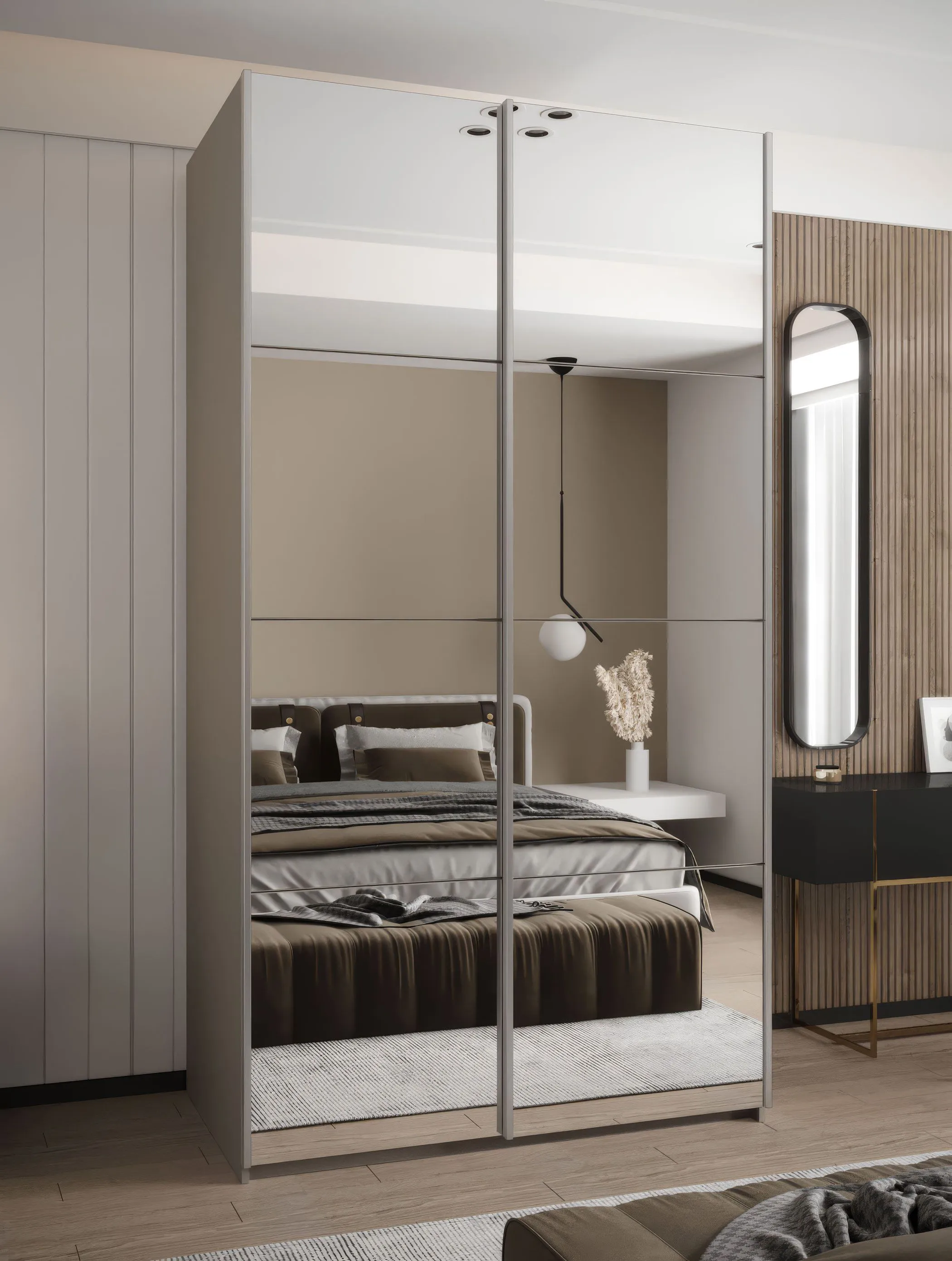 Kleiderschrank / Schiebetürenschrank | 245,5 x 130 x 64 cm | 2 Kleiderstangen | 2 Schiebetüren | Spiegel | Farbe: Kaschmir