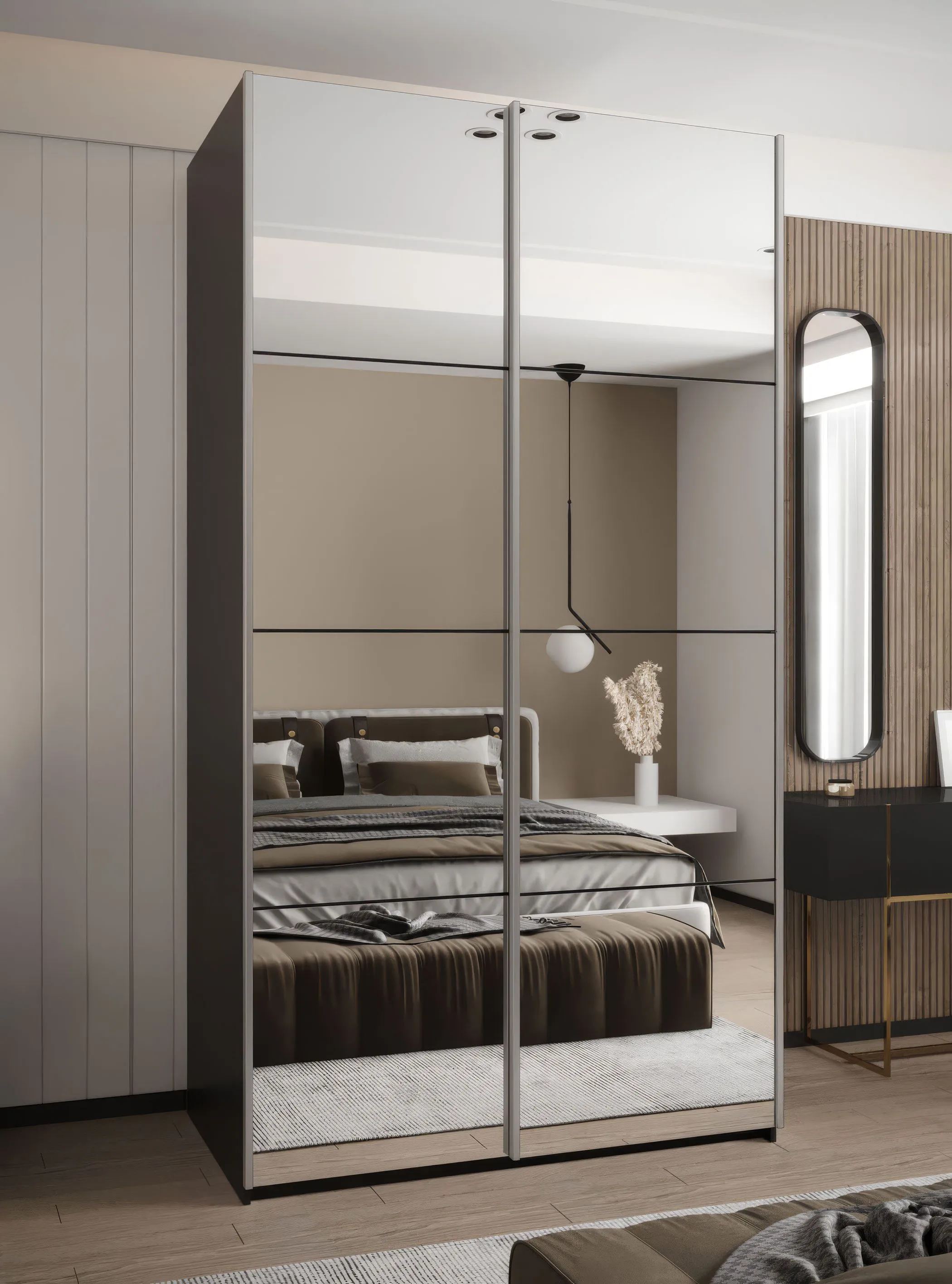 Kleiderschrank / Schiebetürenschrank | Spiegel | 2 Kleiderstangen | Soft-Close | 245,5 x 140 x 64 cm | 2 Schiebetüren | 6 Fächer