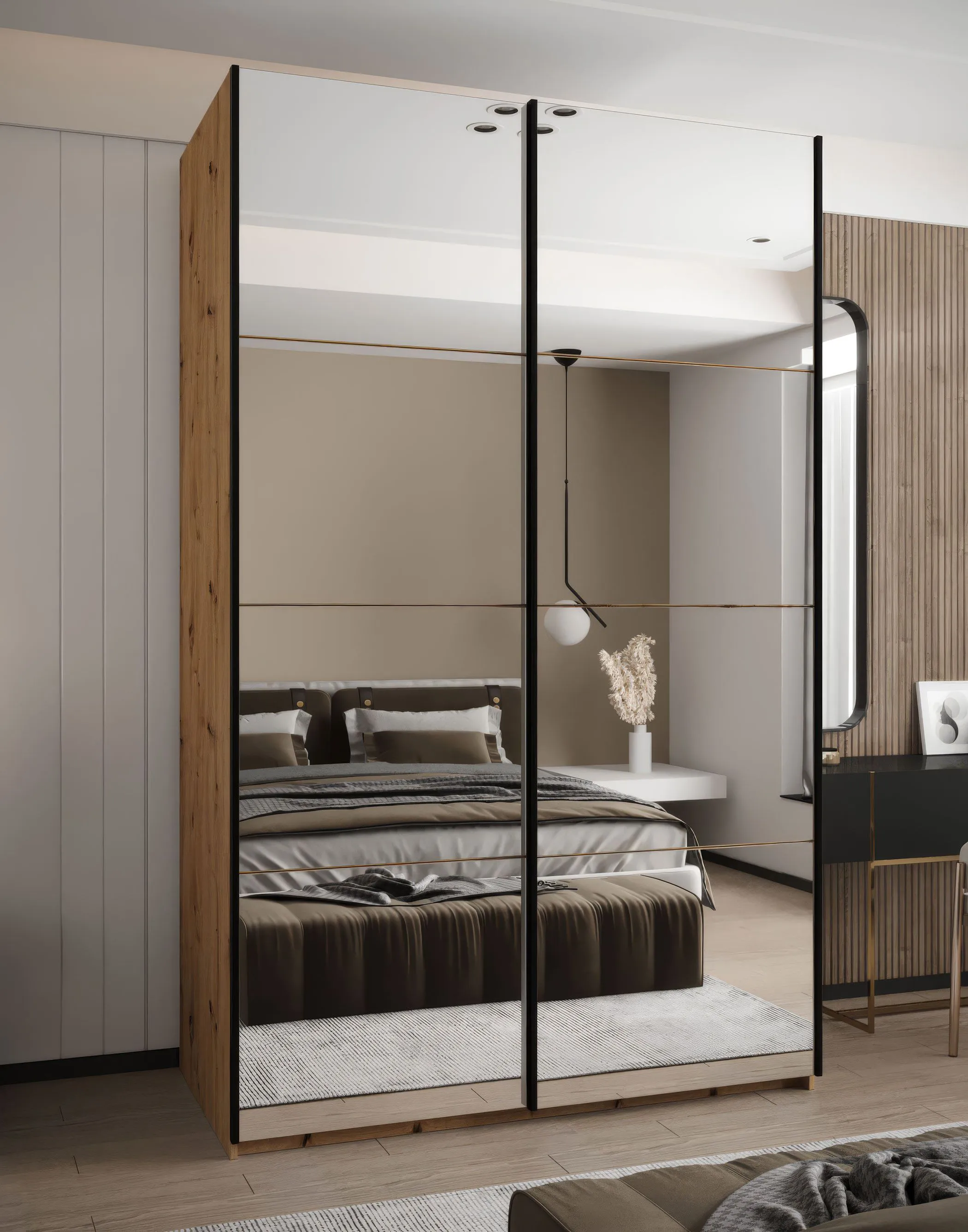 Kleiderschrank / Schiebetürenschrank | Spiegel |245,5 x 150 x 64 cm | 6 Fächer | 2 Kleiderstangen | 2 Schiebetüren | Soft-Close