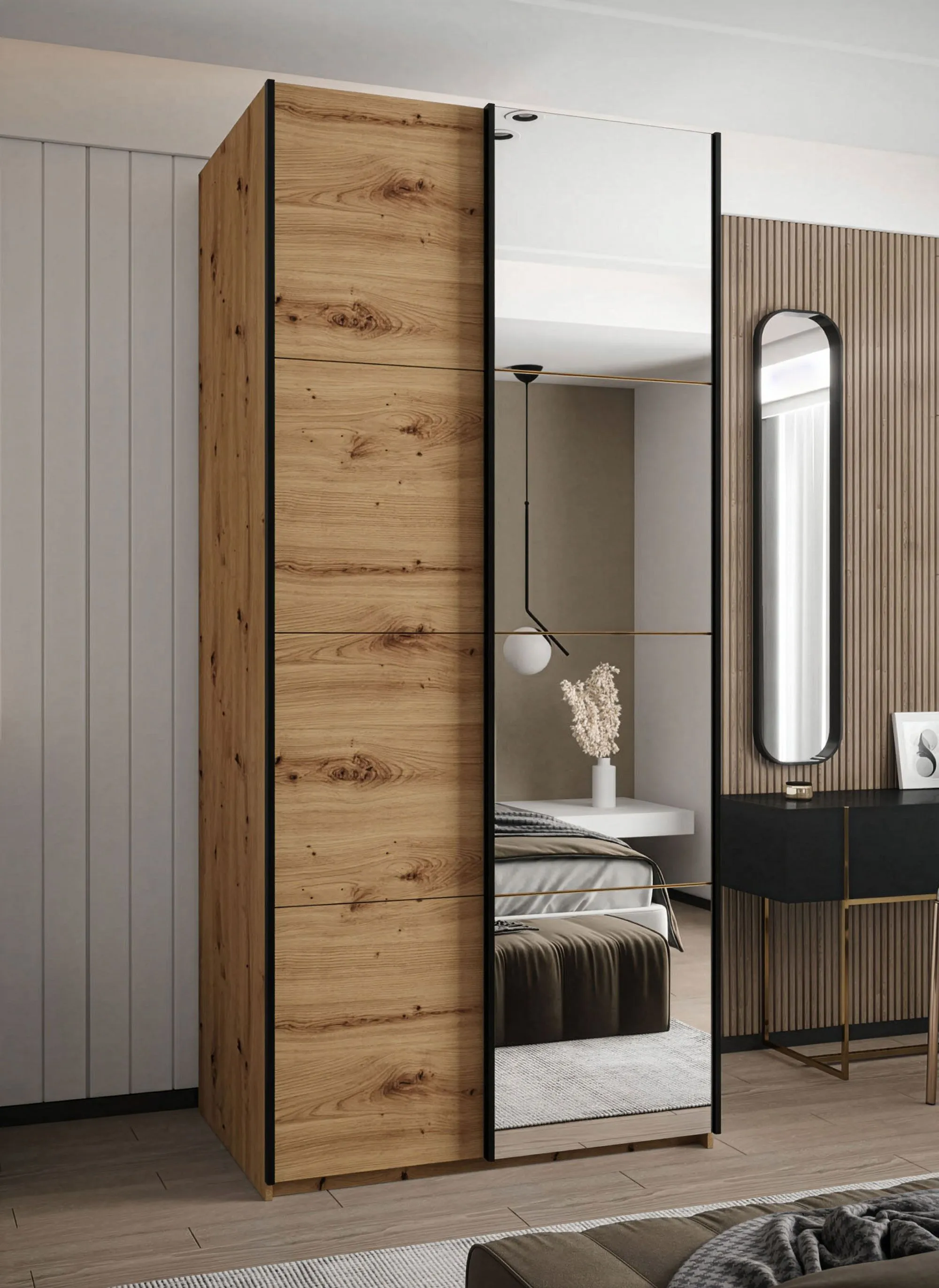 Kleiderschrank / Schiebetürenschrank | 2 Kleiderstangen | 245,5 x 110 x 64 cm | Spiegel | 6 Fächer | 2 Schiebetüren | Farbe: Eiche Artisan