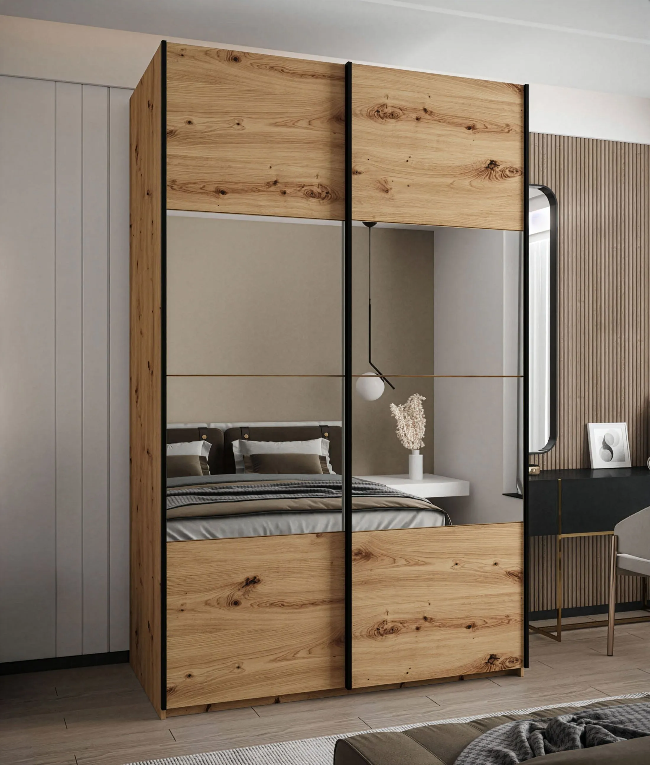 Kleiderschrank / Schiebetürenschrank | 11 Fächer | 2 Schiebetüren | 245,5 x 160 x 64 cm | 2 Kleiderstangen | Soft-Close | Spiegel