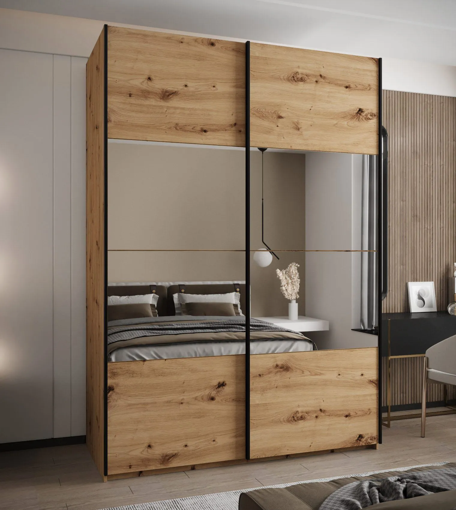 Kleiderschrank / Schiebetürenschrank | 11 Fächer | 245,5 x 180 x 64 cm | Spiegel | Soft-Close | 2 Kleiderstangen | 2 Schiebetüren