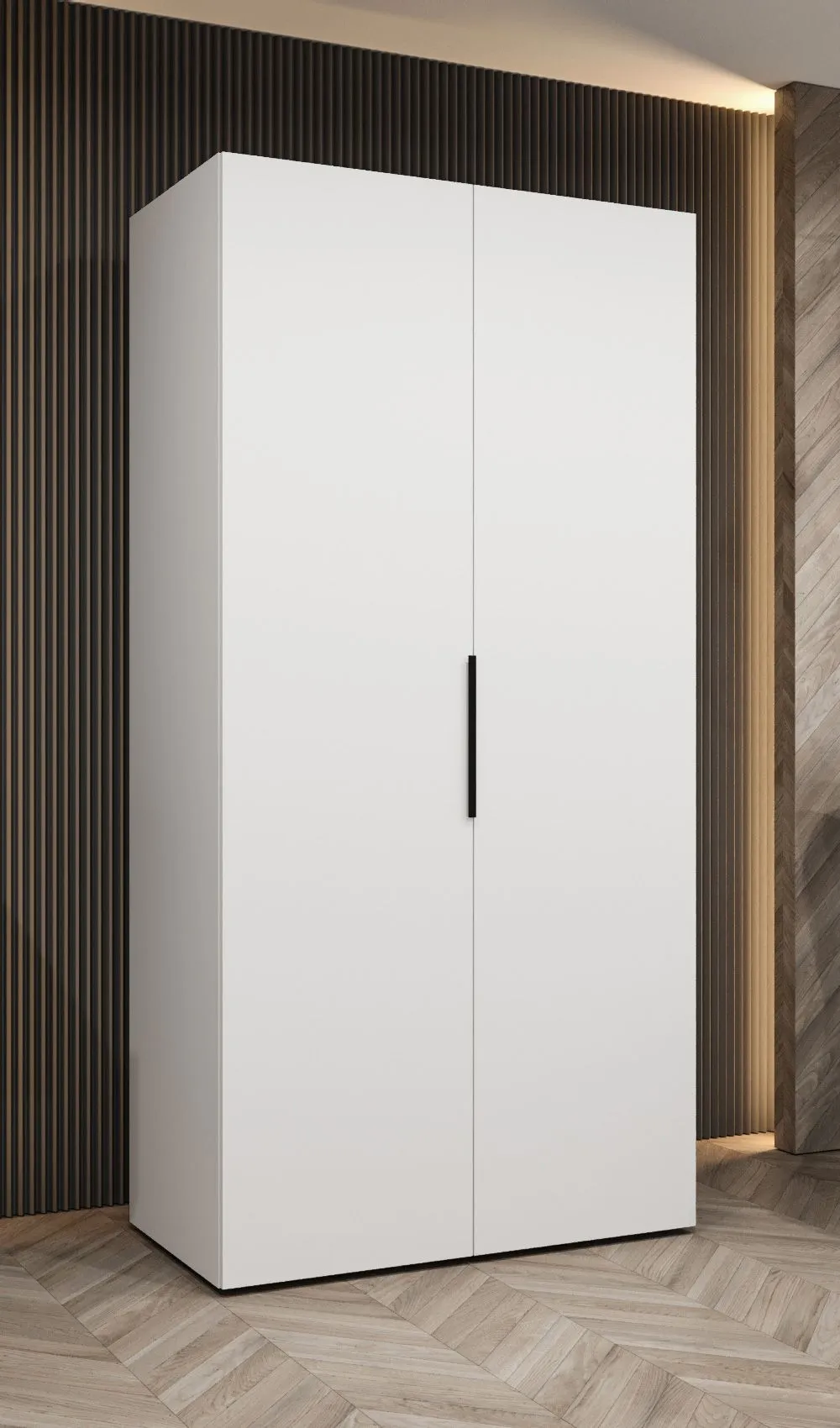 Kleiderschrank / Drehtürenschrank Korab 03, Farbe: Weiß, ein Fach, zwei Türen, Griffe: Schwarz, 1 Meter breit, eine Kleiderstange, Soft-Close-Funktion