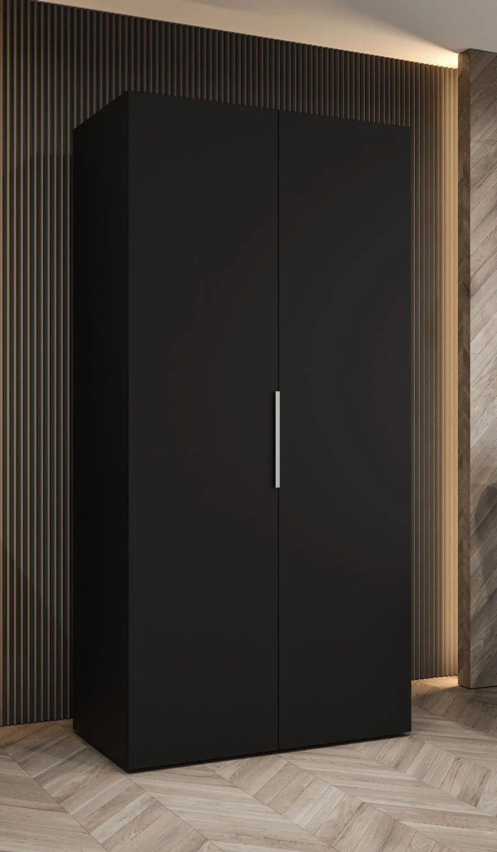 Kleiderschrank / Drehtürenschrank Korab 07, Farbe: Schwarz, eine Kleiderstange, 1 Meter breit, Griffe: Kaschmir, ein Fach, Soft-Close-Funktion