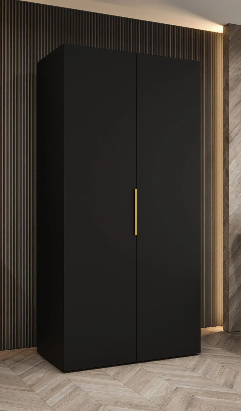 Drehtürenschrank mit Soft-Close-Funktion Korab 08, Farbe: Schwarz, 1 Meter breit, ein Fach, eine Kleiderstange, Griffe: Gold, Kleiderschrank