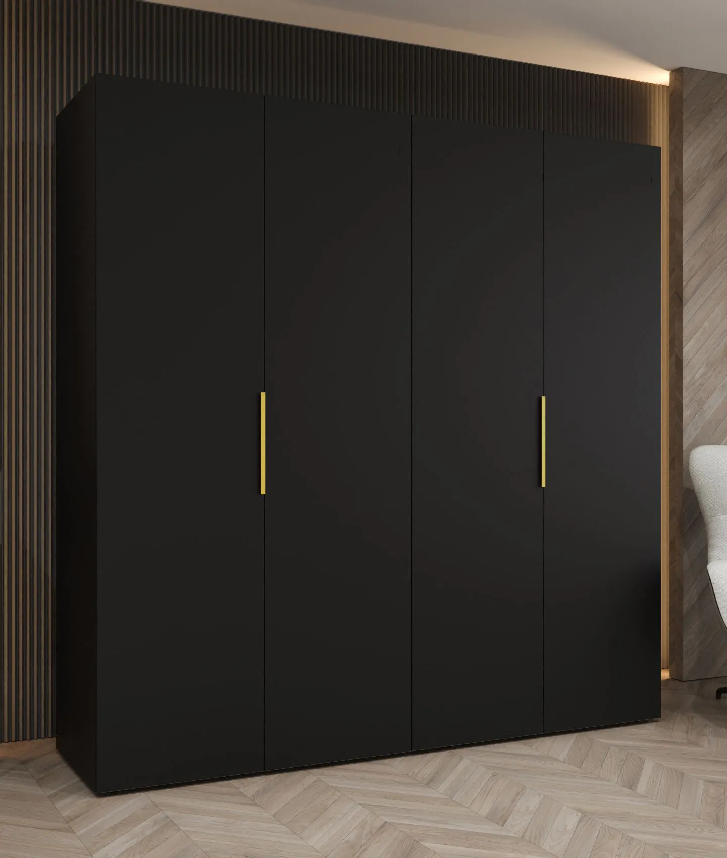 Drehtürenschrank mit Soft-Close-Funktion Korab 30, Farbe: Schwarz, 2 Meter breit, zwei Fächer, zwei Kleiderstangen, Griffe: Gold, Kleiderschrank