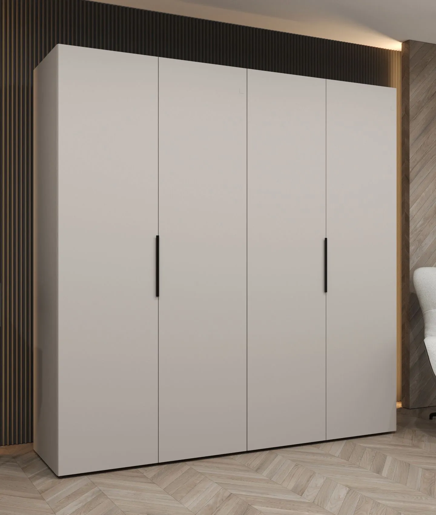 Kleiderschrank mit zwei Kleiderstangen Korab 31, Farbe: Kaschmir, 2 Meter breit, zwei Fächer, Soft-Close, vier Türen, Griffe: Schwarz,