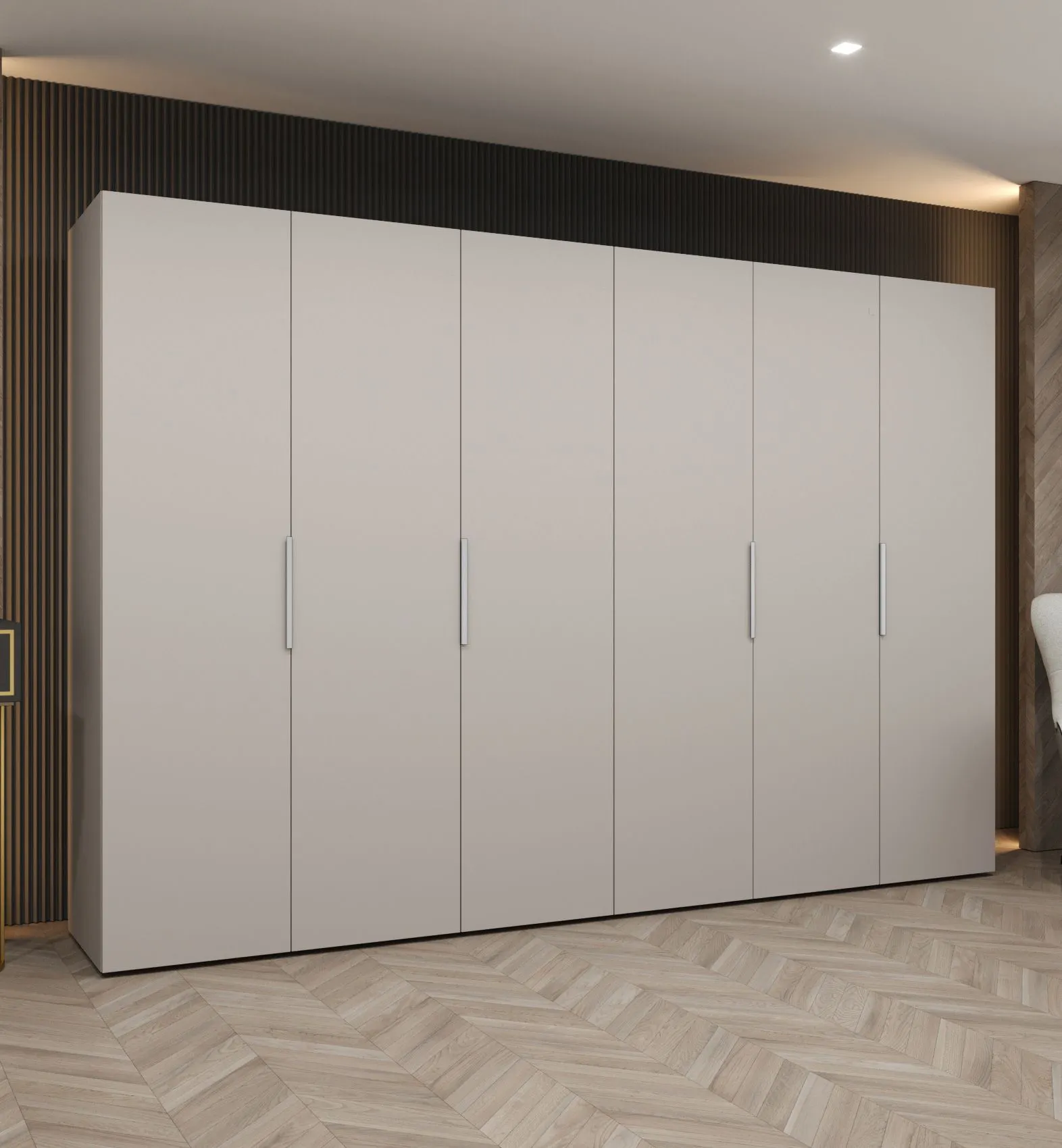 Drehtürenschrank mit 3 Meter breite Korab 54, Farbe: Kaschmir, sechs Türen, Soft-Close-Funktion, vier Fächer, Griffe: Kaschmir, vier Kleiderstangen,