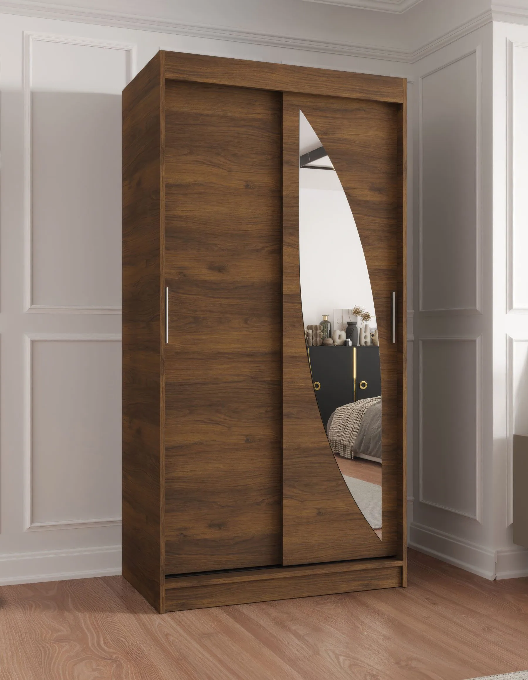 Schiebetürenschrank / Kleiderschrank | Farbe: Walnuss | 1 Meter breit | fünf Fächer | eine Spiegeltür | zwei Kleiderstangen