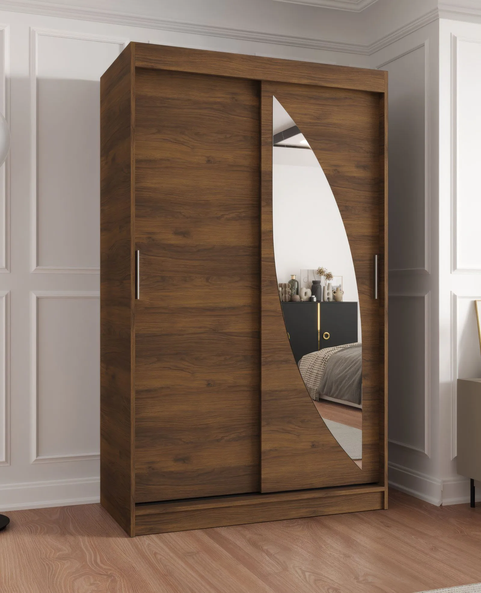 Schiebetürenschrank | eine Spiegeltür | 1,2 Meter breit | Farbe: Walnuss | fünf Fächer | Aluminiumschienen | Kleiderschrank | PVC-Furnier