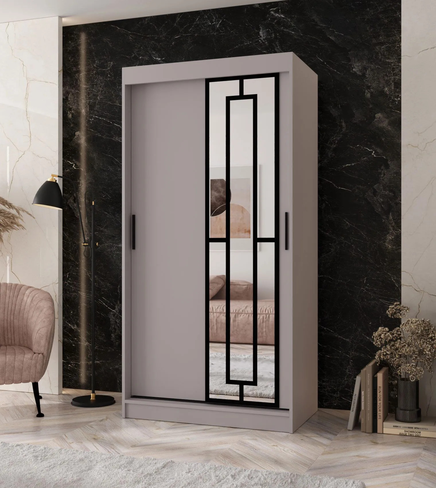 Schiebetürenschrank / Kleiderschrank | Kaschmir | 5 Fächer | 2 Kleiderstangen | schmal | 100 x 62 x 200 cm | dekorative Spiegeltür