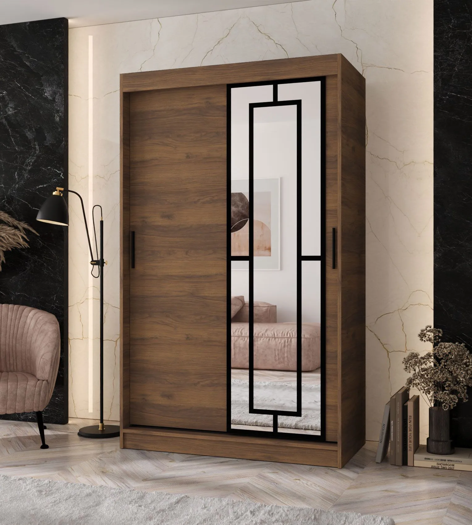 Kleiderschrank / Schiebetürenschrank | Farbe: Walnuss Warmia | 5 Fächer | 2 Kleiderstangen | hochwertig Verarbeitet | 120 x 62 x 200 cm
