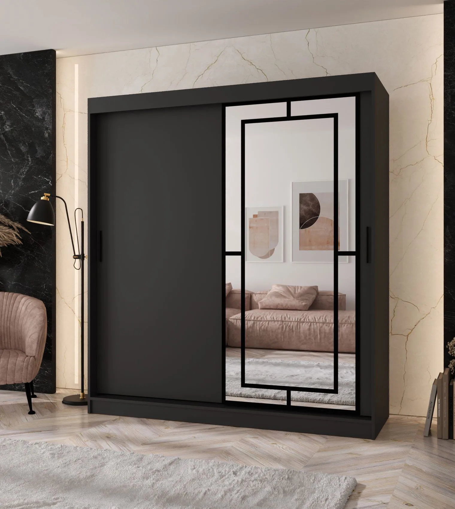 Schiebetürenschrank | Schwarz Matt | 10 Fächer | 2 Kleiderstangen | hochwertig Verarbeitet | 180 x 62 x 200 cm | Kleiderschrank | Spiegeltür