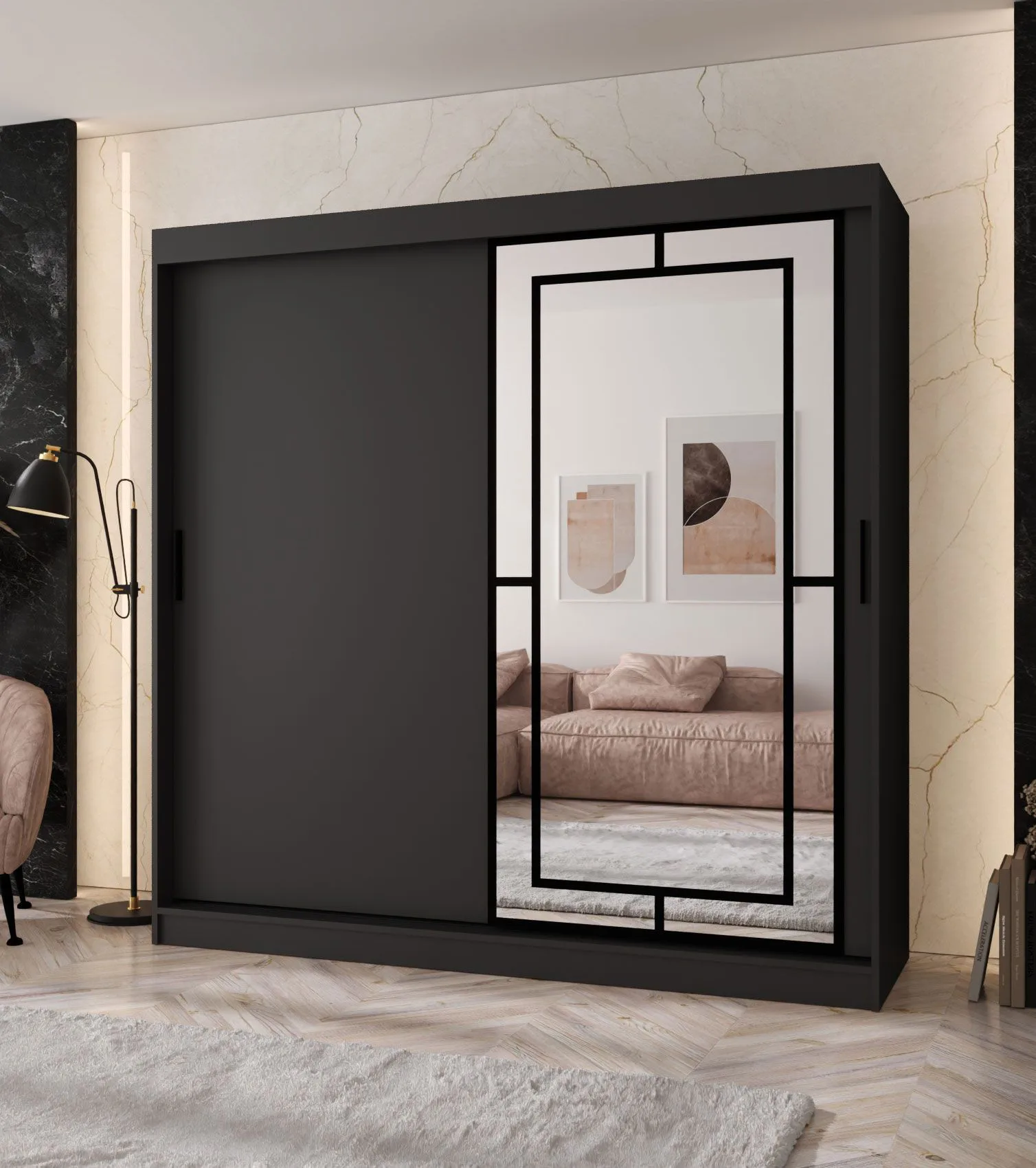 Schiebetürenschrank / Kleiderschrank | Schwarz Matt | 10 Fächer | 2 Kleiderstangen | 200 x 62 x 200 cm | dekorative Spiegeltür