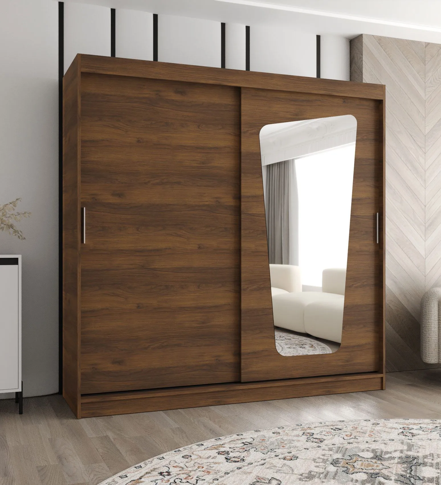 Schiebetürenschrank / Kleiderschrank | Farbe: Walnuss | 10 Fächer | eine Spiegeltür | 2 Meter breit | zwei Kleiderstangen