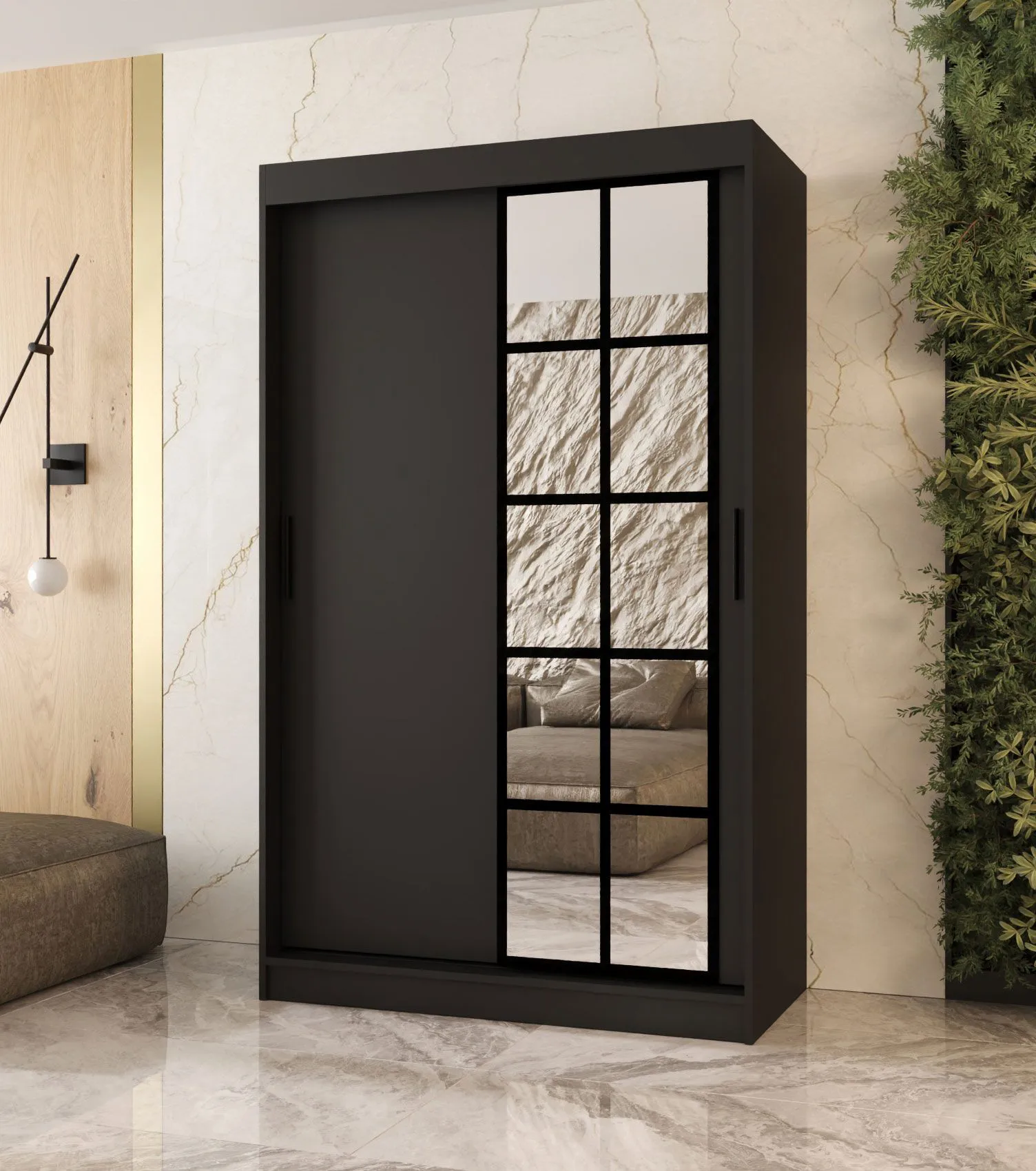 Schiebetürenschrank | Schwarz Matt | 5 Fächer | 2 Kleiderstangen | hochwertig Verarbeitet | 120 x 62 x 200 cm | Kleiderschrank | Spiegeltür