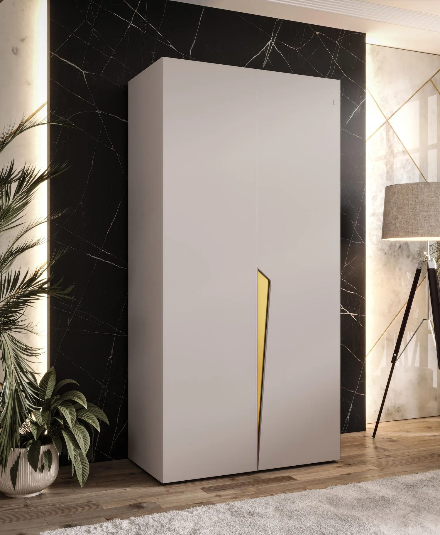 Kleiderschrank | 1 Fach | Farbe: Kaschmir | 1 Kleiderstange | Soft-Close-Funktion | 1 Meter breit | Griffe: Gold | ABS-Kanten