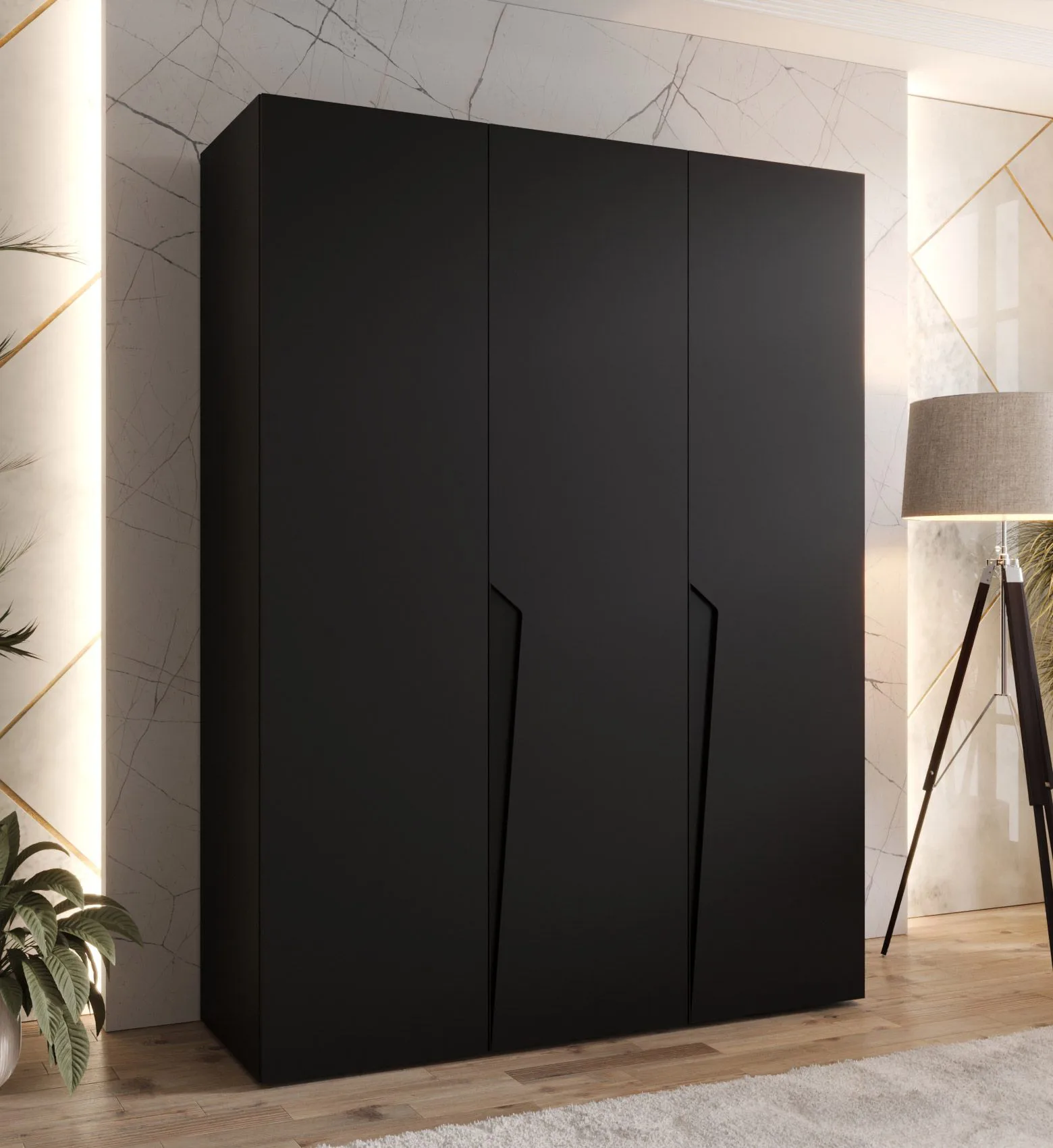 Drehtürenschrank / Kleiderschrank | Farbe: Schwarz | 3-Türig | Griffe: Schwarz | 2 Fächer | 2 Kleiderstangen | Maße: 150 x 52 x 202 cm