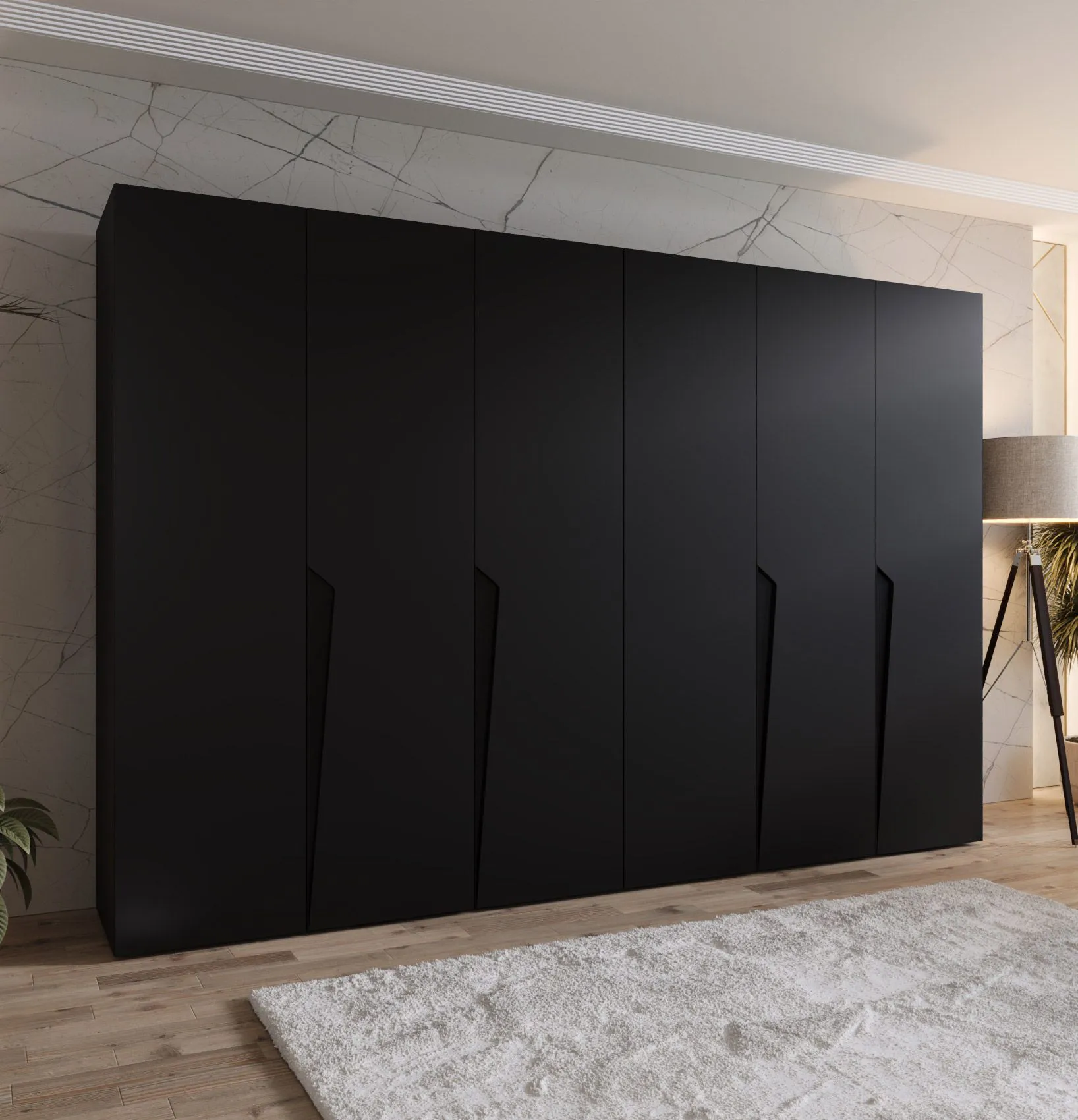 Drehtürenschrank / Kleiderschrank | Farbe: Schwarz | 4 Fächer | 3 Meter breit | Griffe: Schwarz | 4 Kleiderstangen | Soft-Close-Funktion