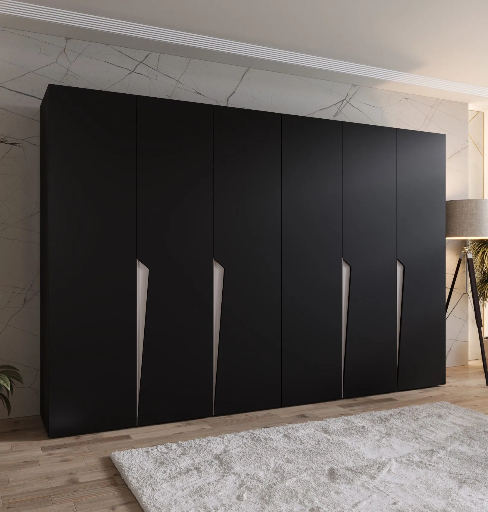 Drehtürenschrank / Kleiderschrank | Farbe: Schwarz | 4 Fächer | 3 Meter breit | Griffe: Kaschmir | 4 Kleiderstangen | Soft-Close-Funktion