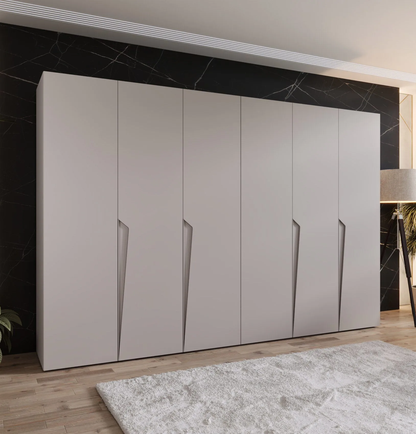 Drehtürenschrank / Kleiderschrank | Farbe: Kaschmir | 4 Fächer | 3 Meter breit | Griffe: Kaschmir | 4 Kleiderstangen | Soft-Close-Funktion