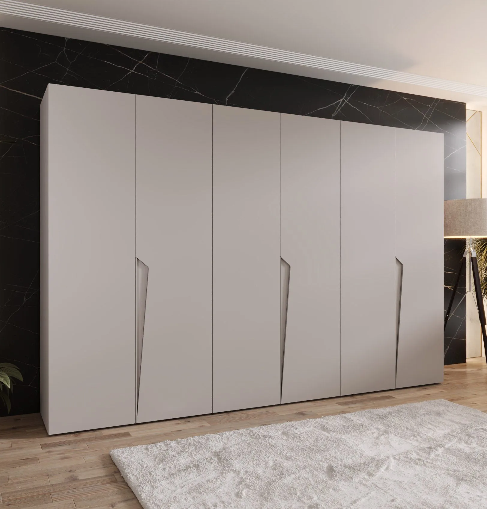 Drehtürenschrank | Farbe: Kaschmir | ABS-Kanten | 3 Meter breit | 3 Kleiderstangen | Soft-Close-Funktion | Griffe: Kaschmir | 3 Fächer